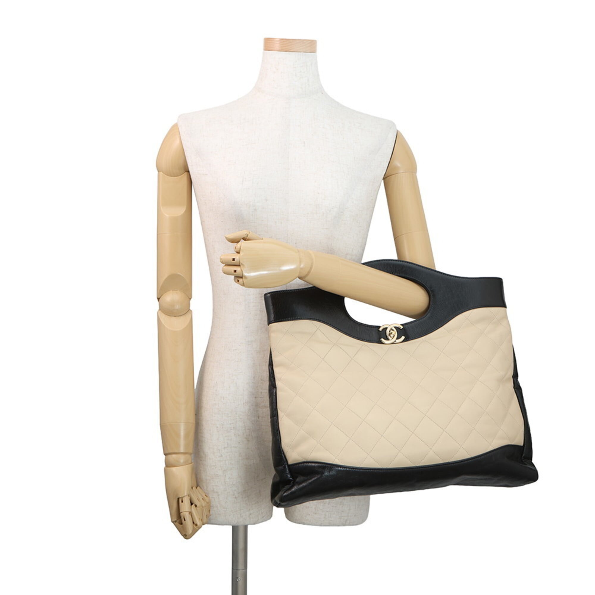 Chanel Beige Black Leather Handbag Shoulder Bag (Pre-Owned)