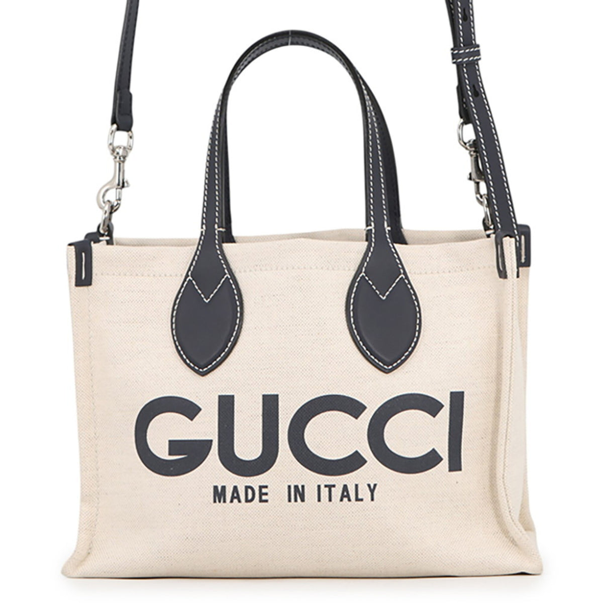 Gucci Beige Navy Canvas Leather Handbag Shoulder Bag (Pre-Owned)
