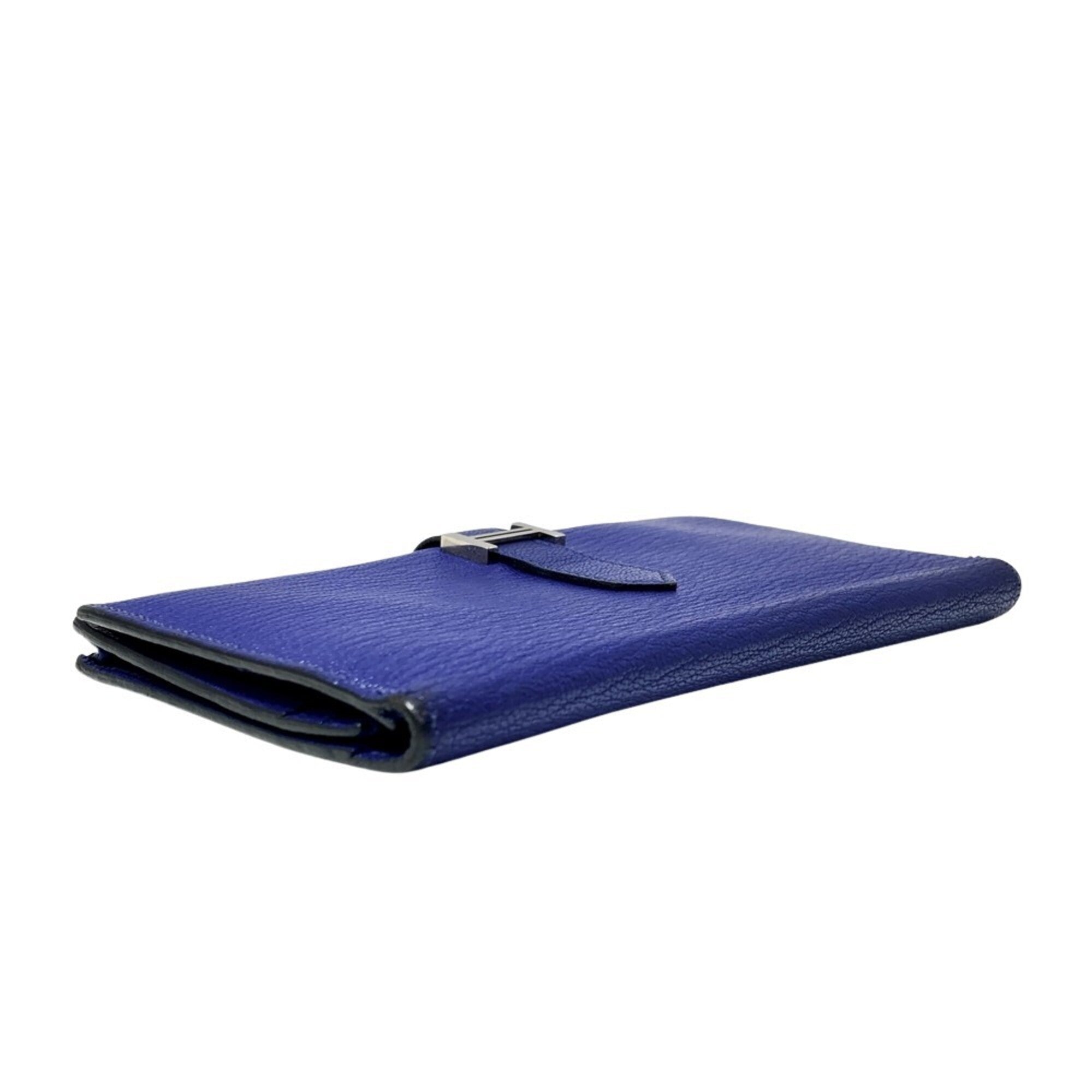 Hermes Blue Chevre Leather Long Wallet (Bi-Fold) (Pre-Owned)