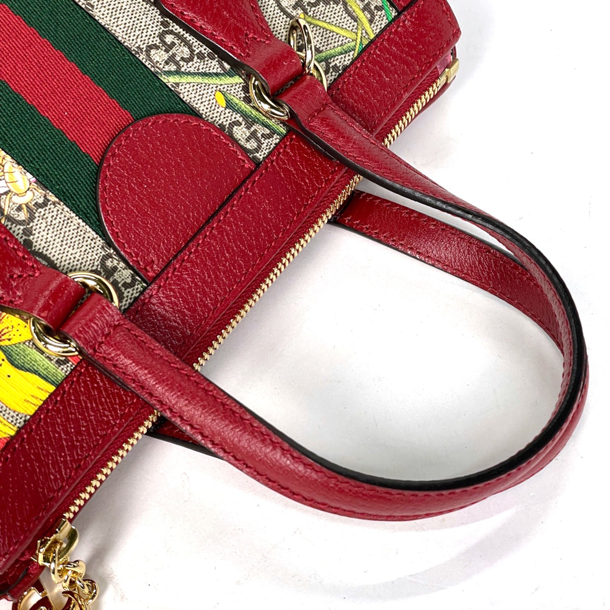 Gucci Beige Red Color Coated Canvas Leather Tote Bag (Pre-Owned)