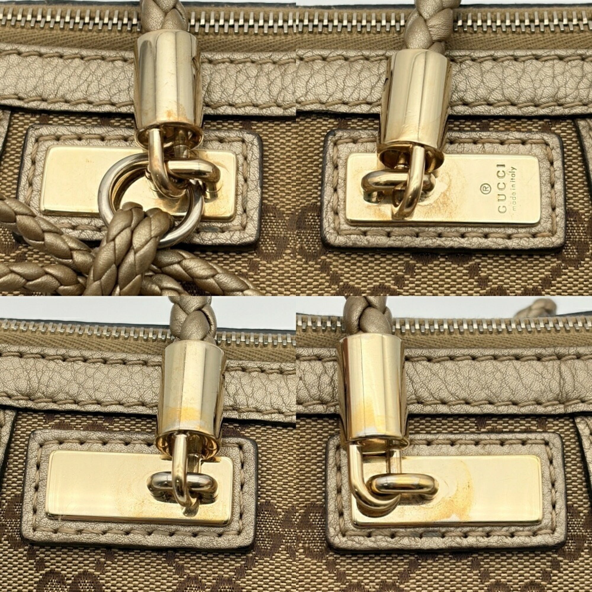 Gucci Gg Canvas Beige Gold Gg Canvas Leather Bamboo Shoulder Bag (Pre-Owned)