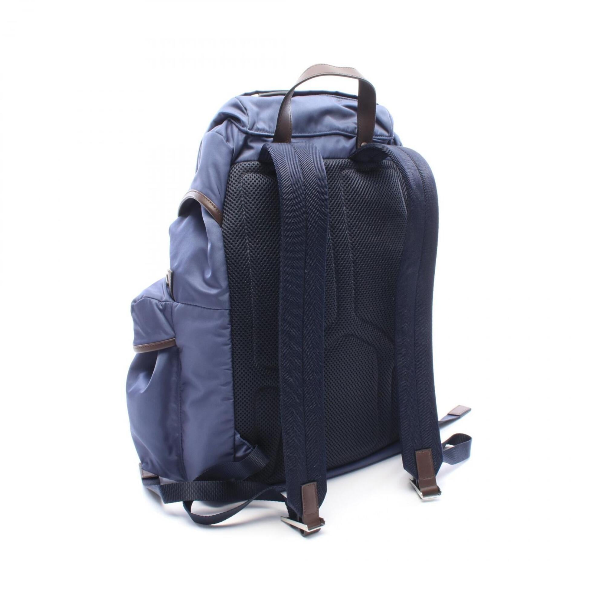 Prada Blue Brown Nylon Leather Backpack Handbag (Pre-Owned)