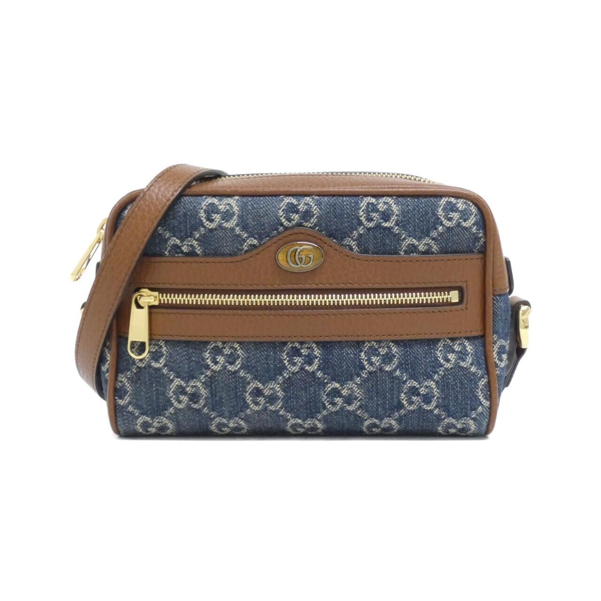Gucci Brown Dark Blue Denim Leather Shoulder Bag (Pre-Owned)