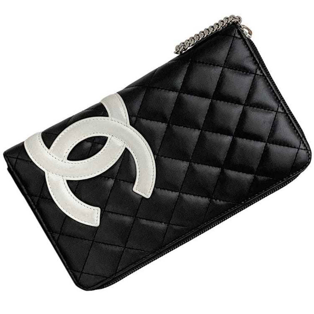 Chanel Black White Leather Long Wallet (Bi-Fold) (Pre-Owned)