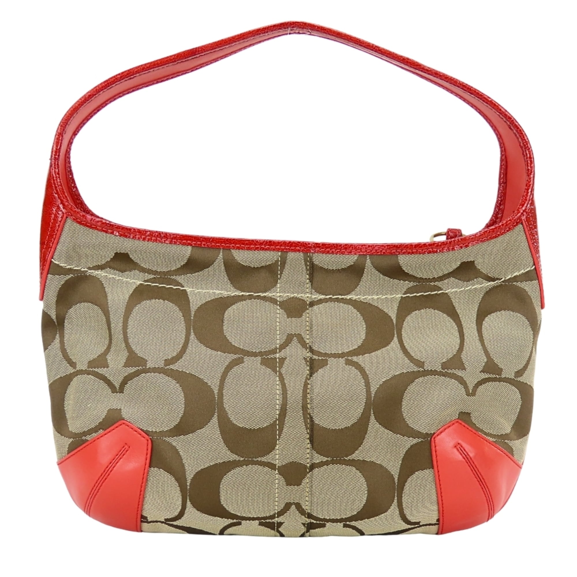 Coach Signature Beige Pink Red Color Canvas Leather Shoulder Bag (Pre-Owned)