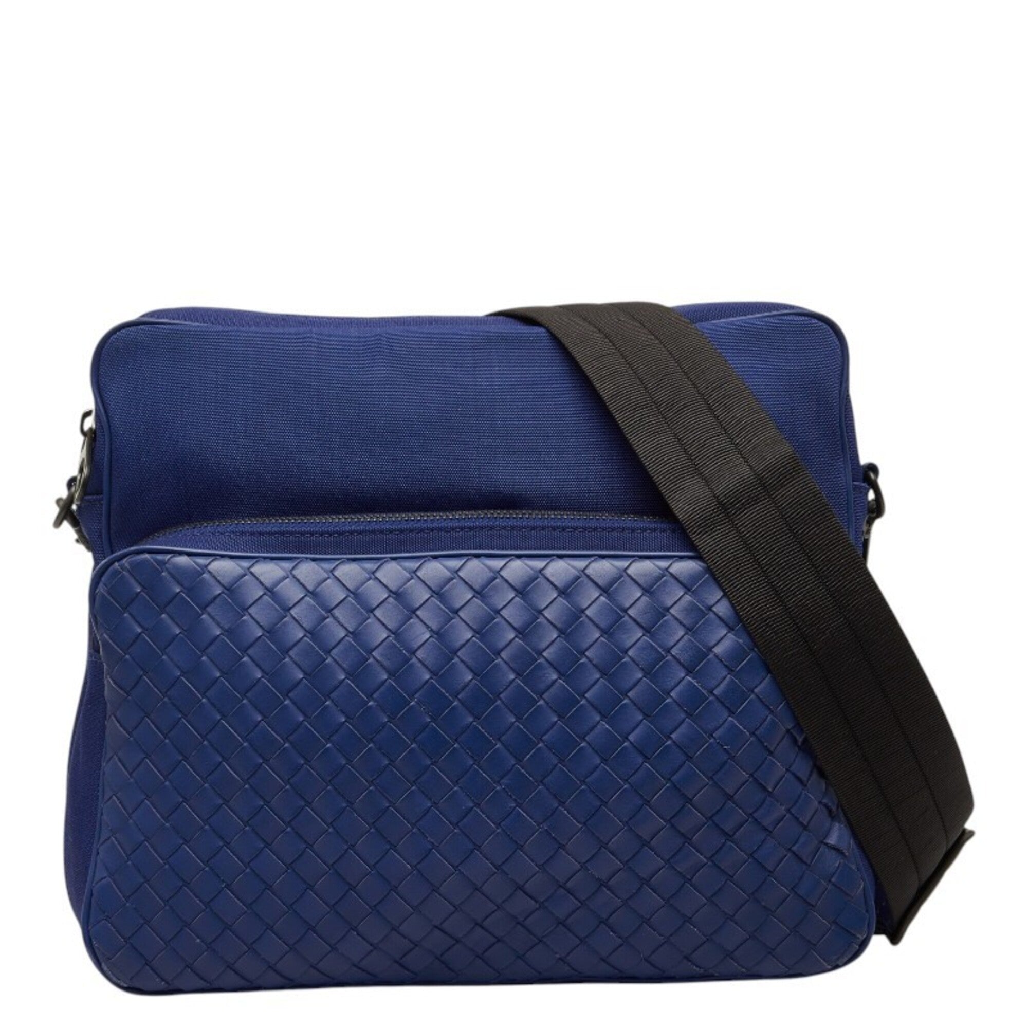 Bottega Veneta Intrecciato Blue Canvas Leather Messenger Bag Shoulder Bag (Pre-Owned)