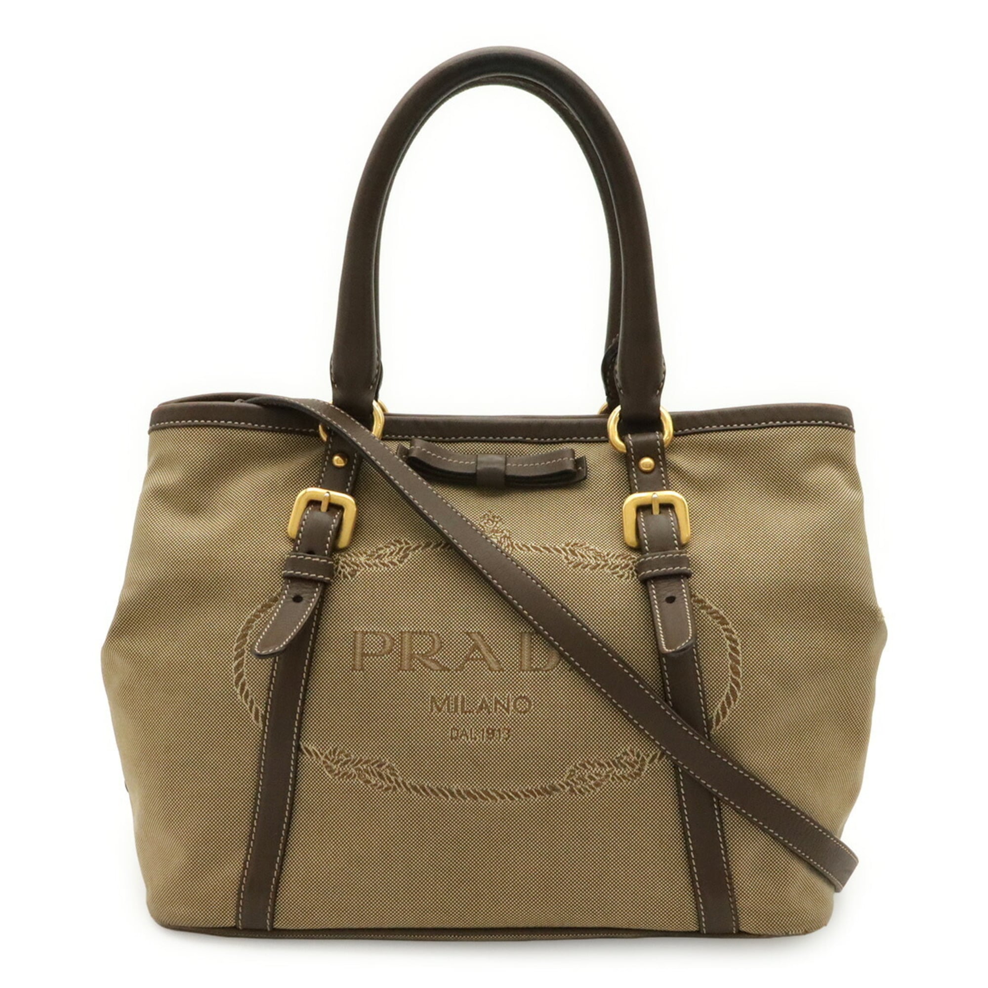 Prada Beige Brown Khaki Canvas Leather Handbag Shoulder Bag Tote Bag (Pre-Owned)