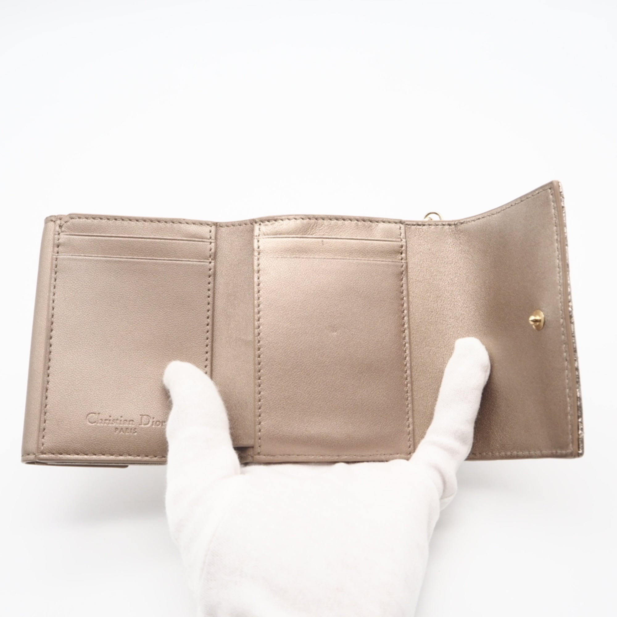 Christian Dior Lady Dior Gold Leather Wallet (Tri-Fold) (Pre-Owned)