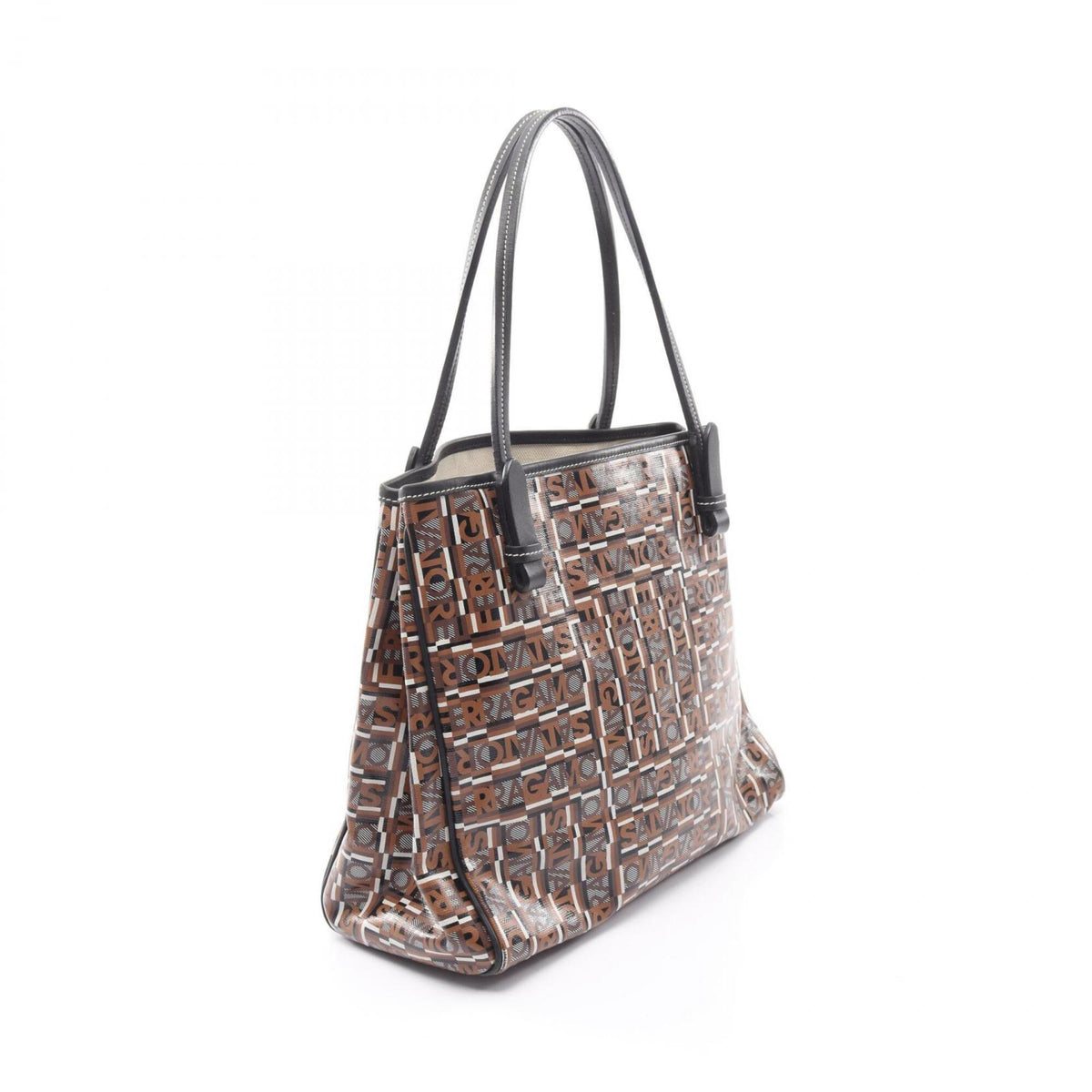 Salvatore Ferragamo Black Brown White Coated Canvas Leather Handbag Tote Bag (Pre-Owned)