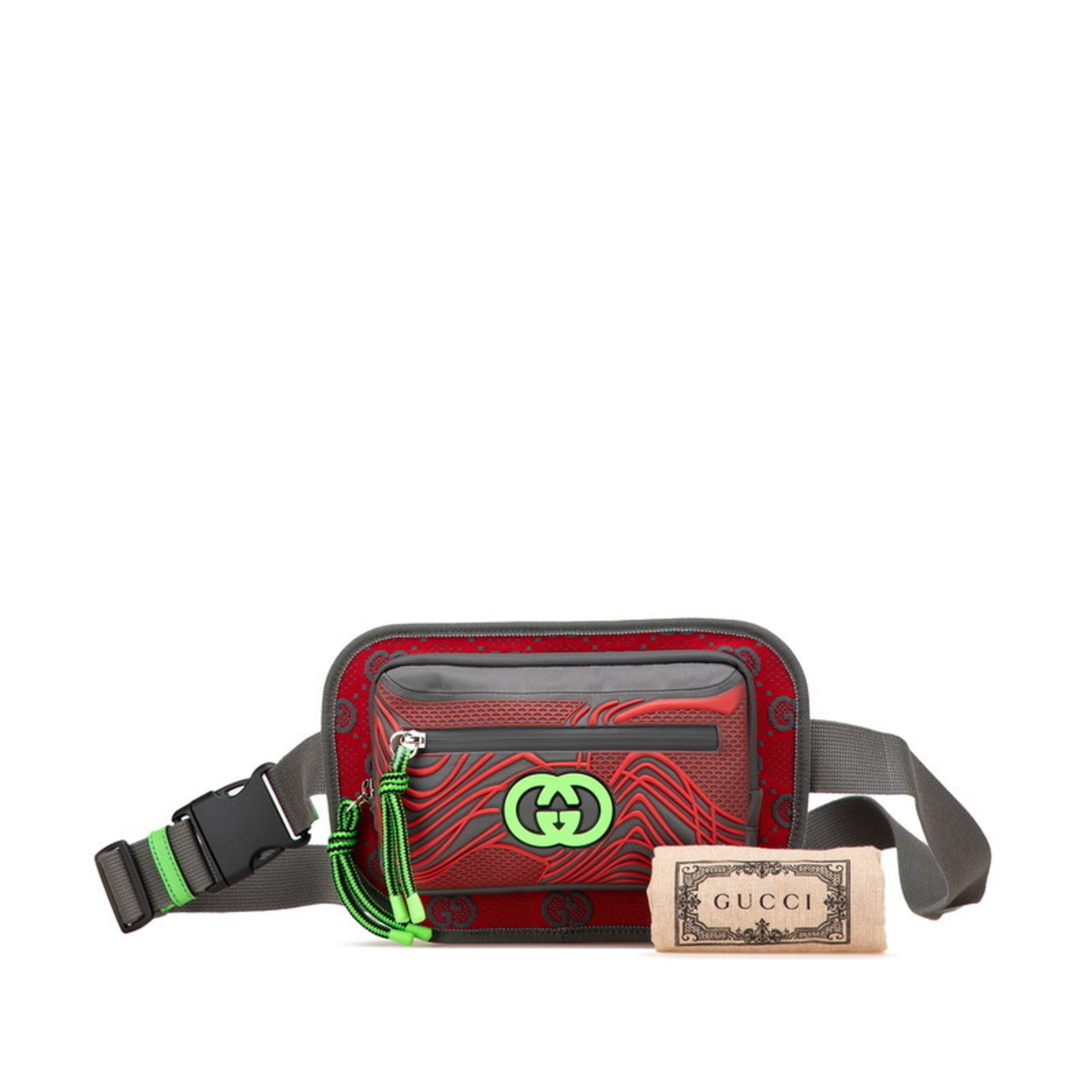 Gucci Gray Red Color Nylon Rubber Fanny Pack Sling Bag (Pre-Owned)