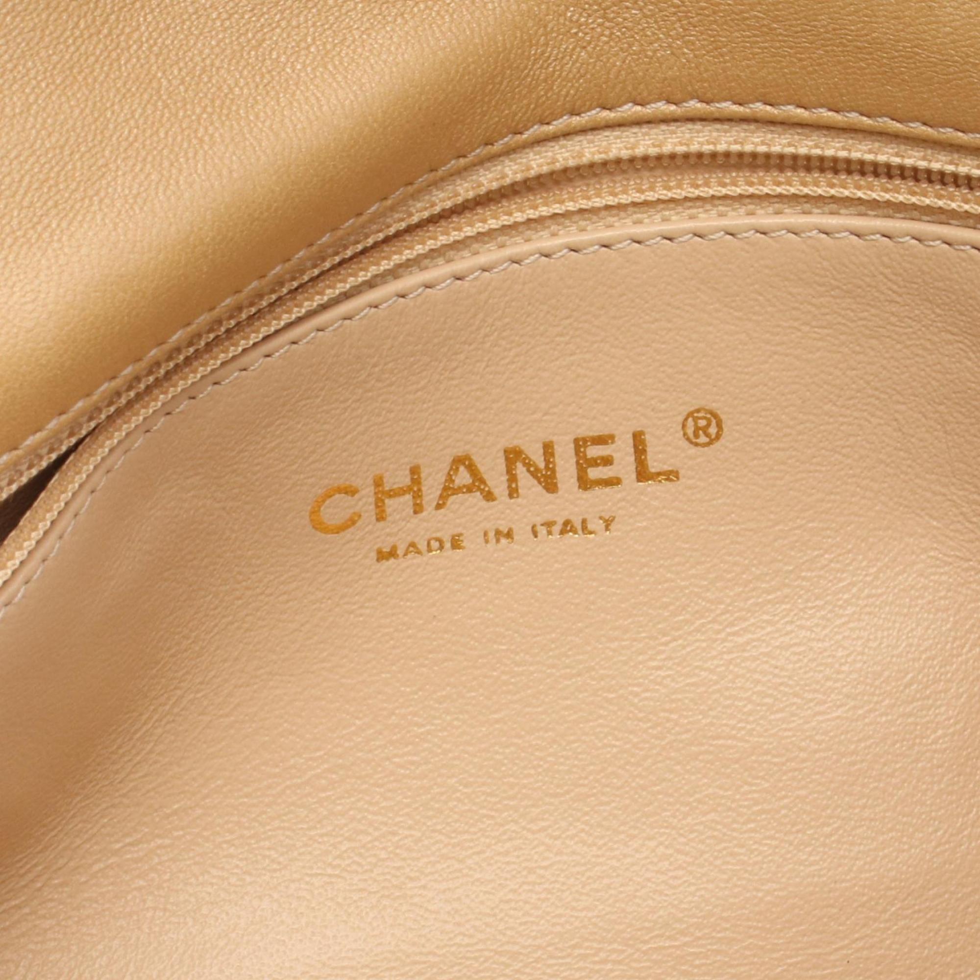 Chanel Beige Gold Gold Brown Fabric Leather Handbag Shoulder Bag (Pre-Owned)