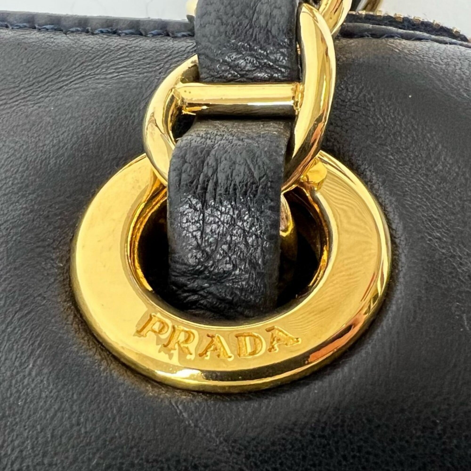 Prada Dark Navy White Leather Shoulder Bag (Pre-Owned)