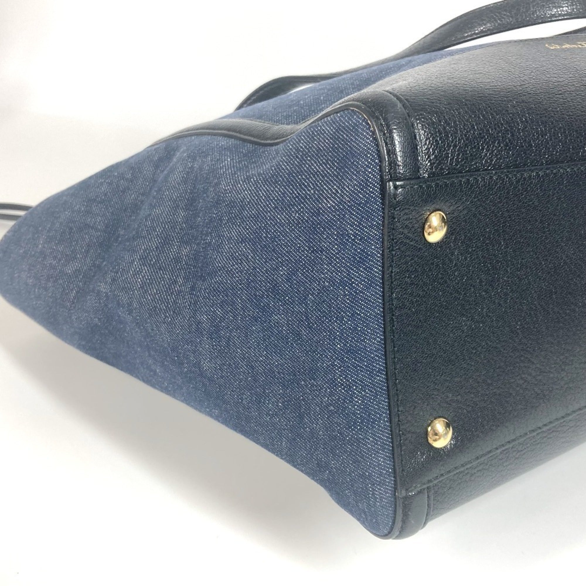 Salvatore Ferragamo Black Blue Denim Leather Handbag Shoulder Bag Tote Bag (Pre-Owned)