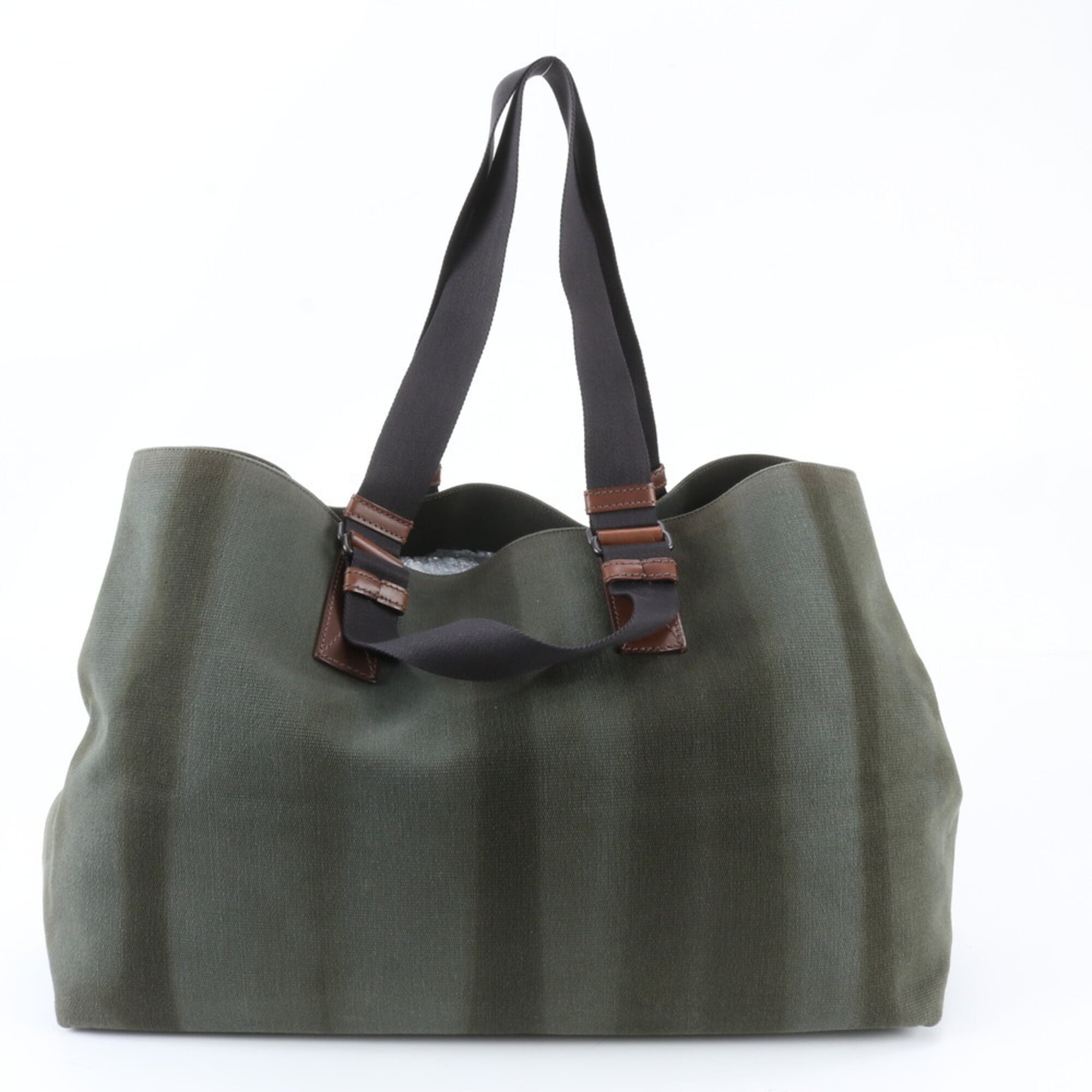 Bottega Veneta Green Leather Canvas Shoulder Bag Tote Bag (Pre-Owned)