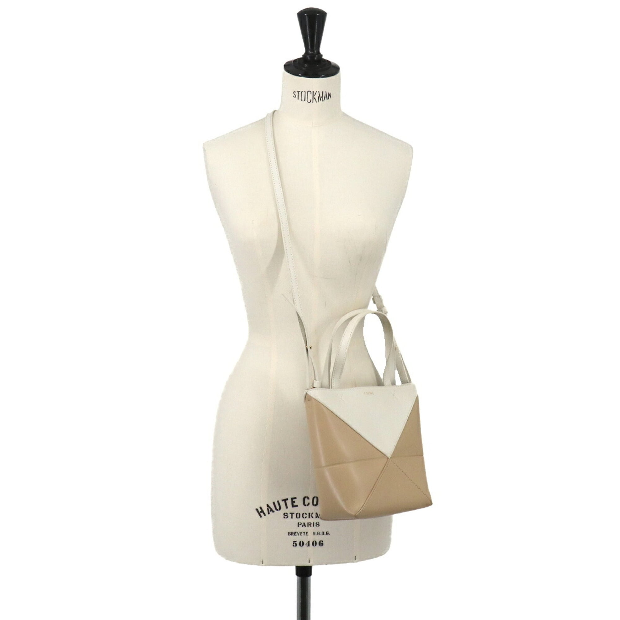 Loewe Puzzle Beige White Leather Handbag Tote Bag (Pre-Owned)