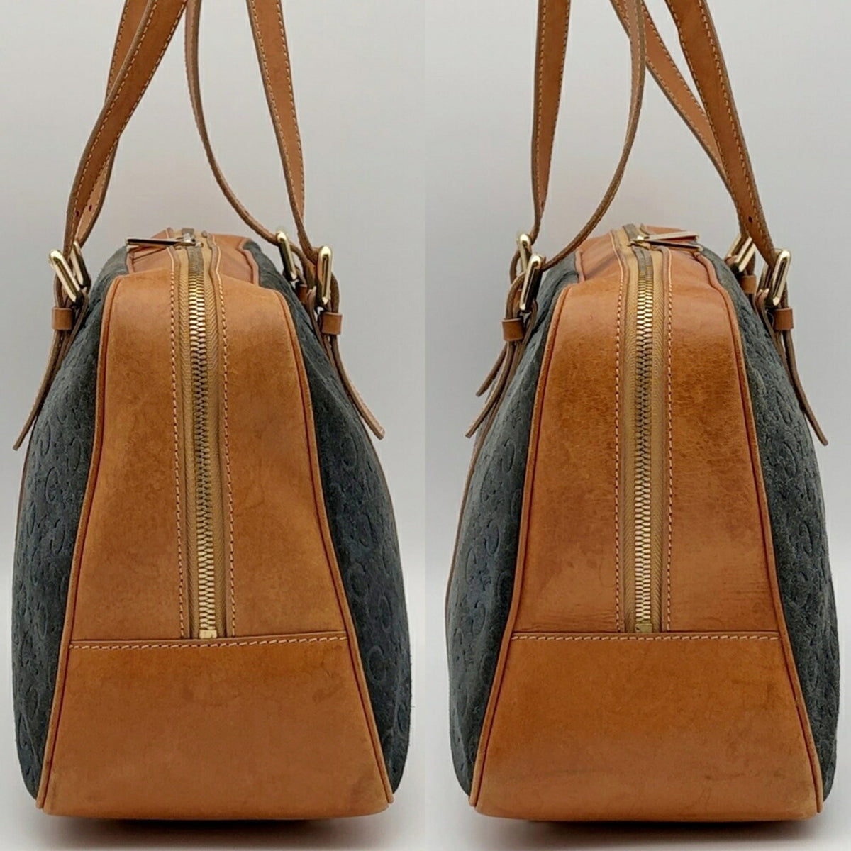 Celine Macadam Brown Navy Suede Leather Boston Bag (Pre-Owned)