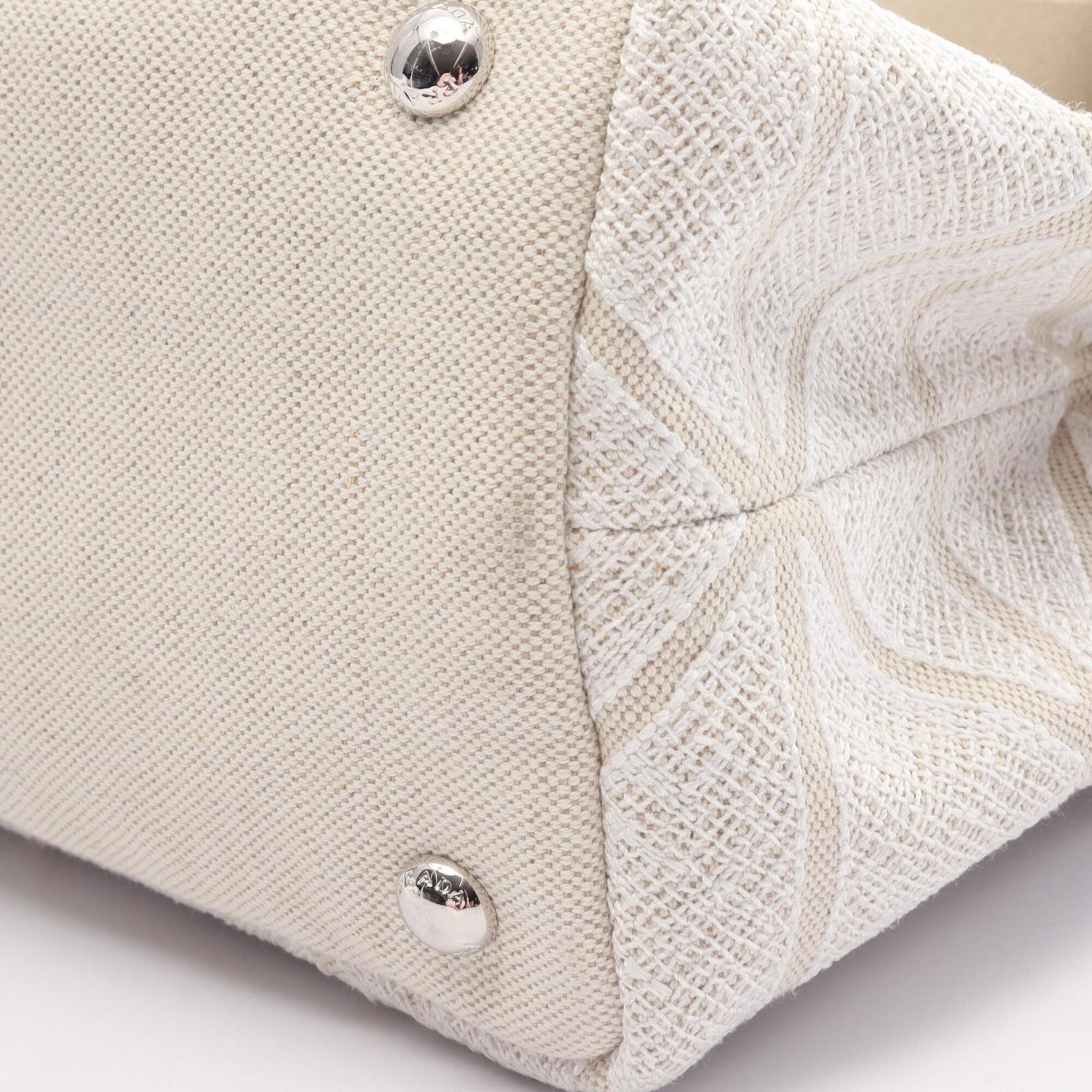 Prada Beige White Canapa Handbag Tote Bag (Pre-Owned)