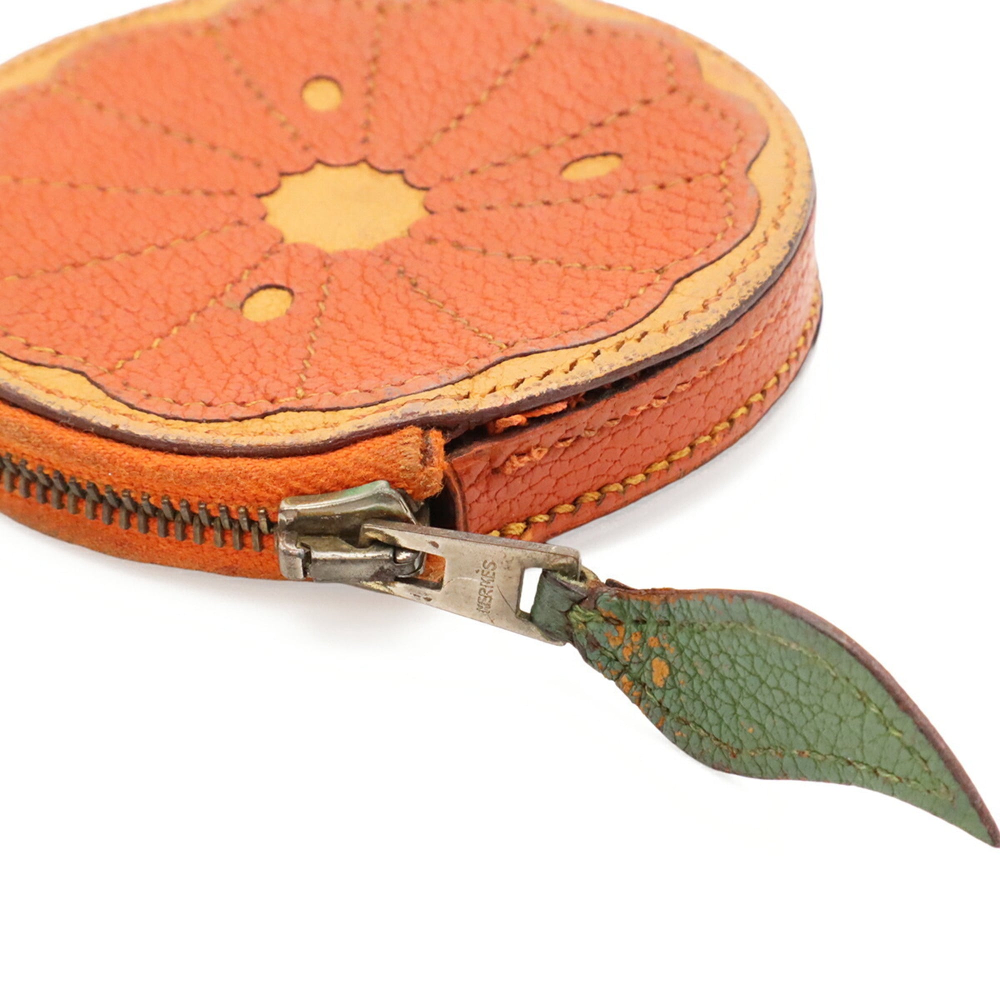 Hermes Green Orange Leather Coin Purse/Coin Case (Pre-Owned)