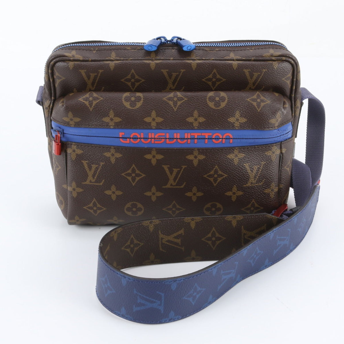 Louis Vuitton Blue Brown Leather Coated Canvas Messenger Bag Shoulder Bag (Pre-Owned)