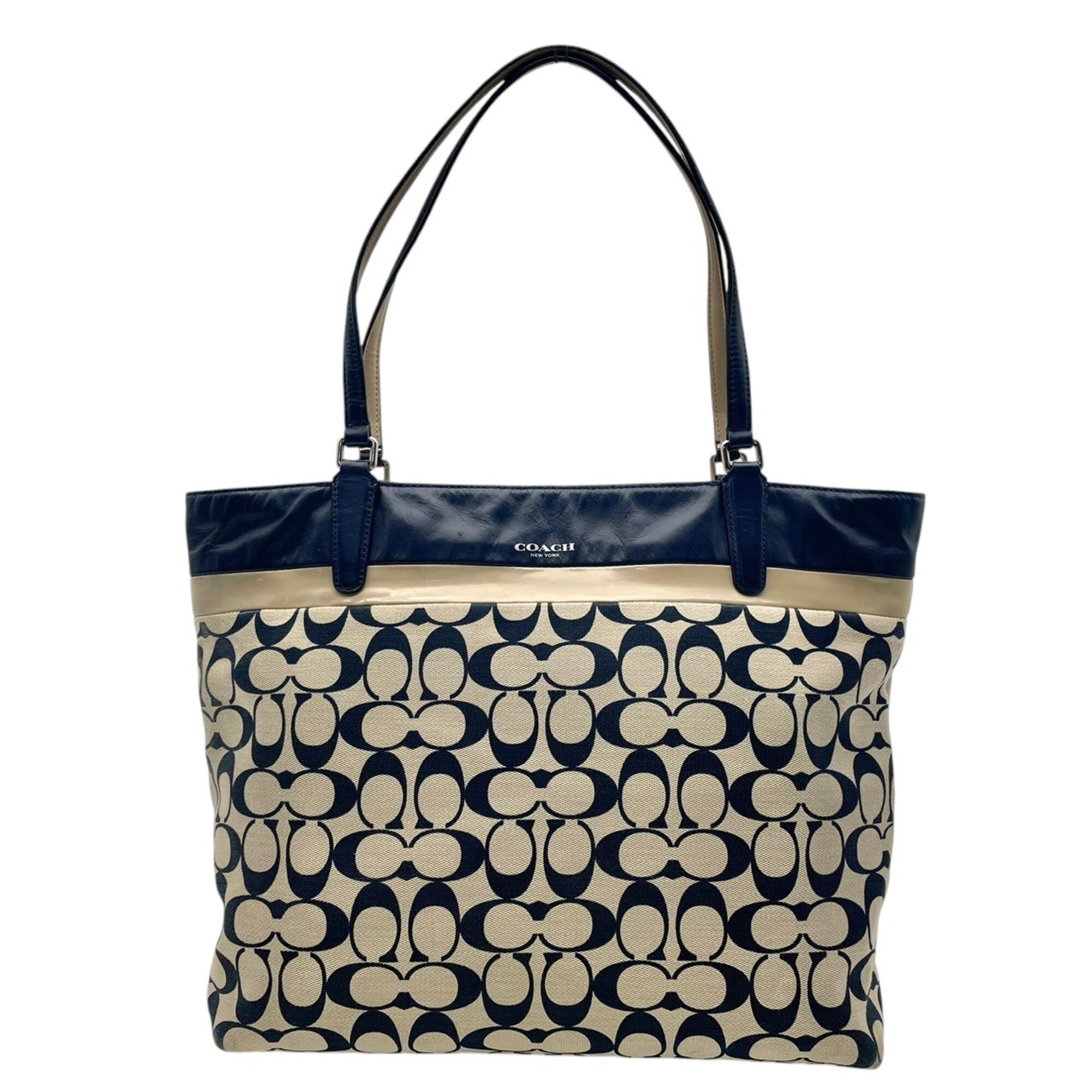 Coach Beige Navy Canvas Leather Handbag Tote Bag (Pre-Owned)