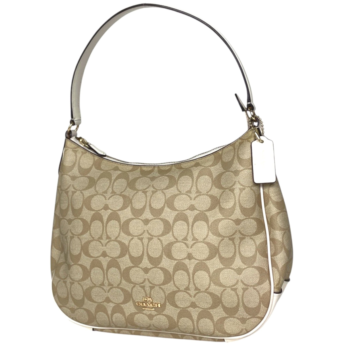 Coach Signature Beige White Coated Canvas Leather Shoulder Bag (Pre-Owned)