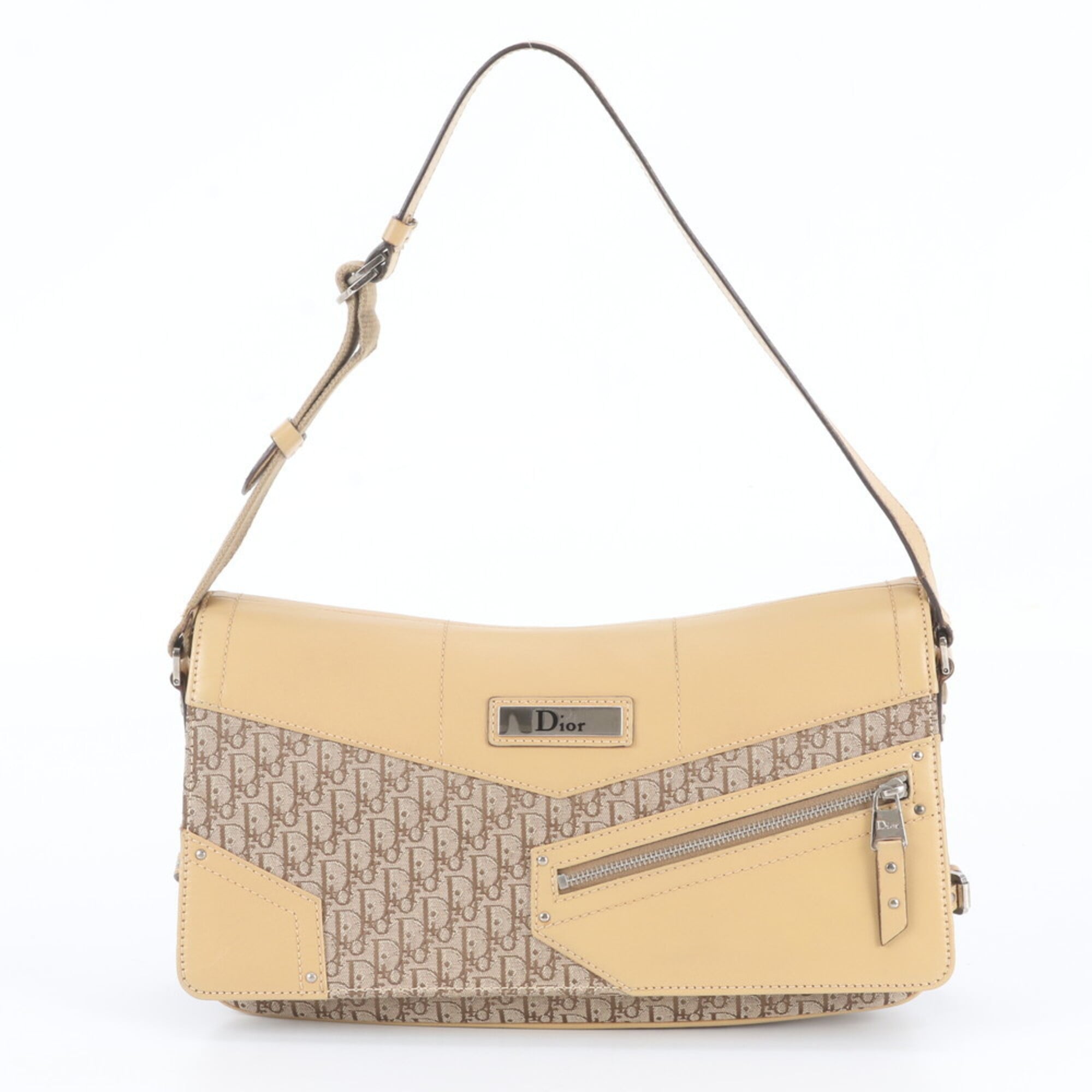 Christian Dior Beige Brown Leather Canvas Shoulder Bag Tote Bag (Pre-Owned)