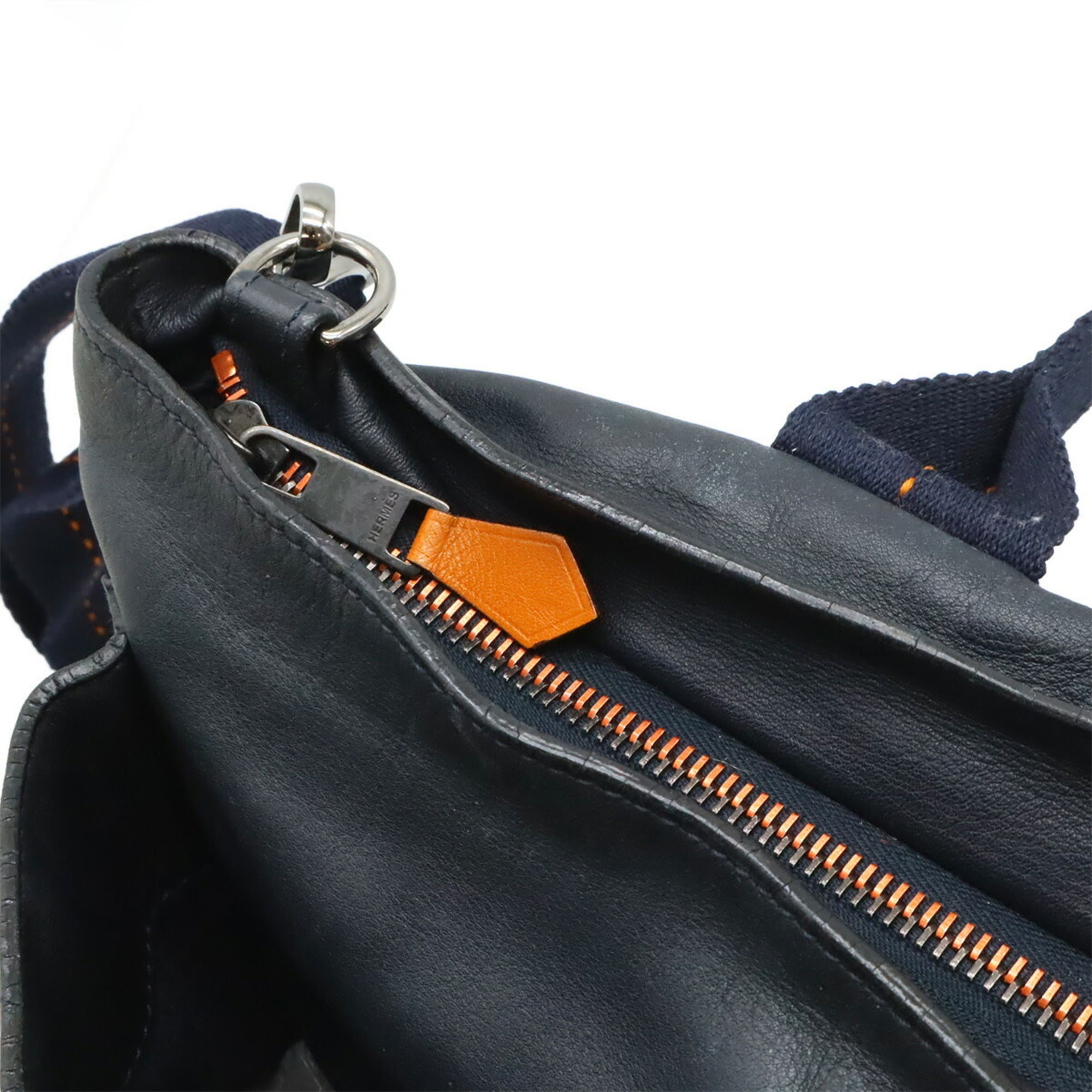 Hermes Caravan Horizontal Navy Orange Veau Derma Shoulder Bag Tote Bag (Pre-Owned)