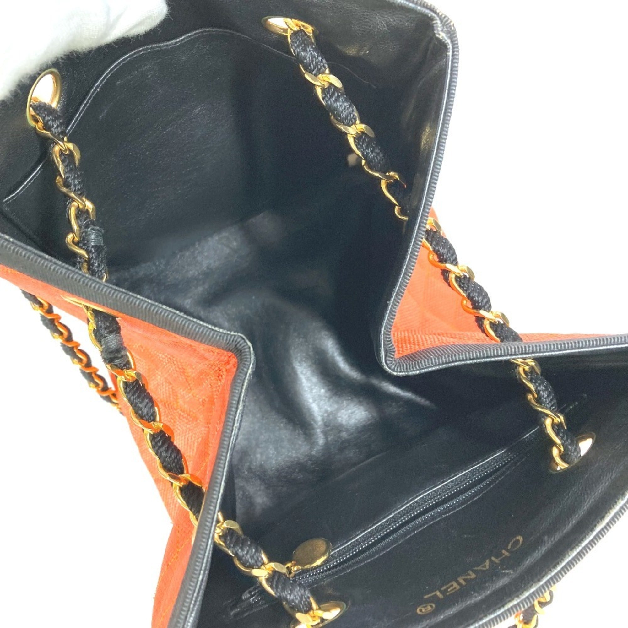 Chanel Matelasse Black Orange Straw Leather Shoulder Bag Tote Bag (Pre-Owned)