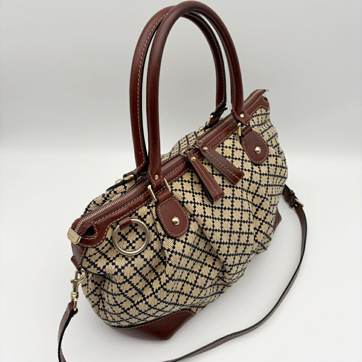 Gucci Beige Brown Canvas Leather Shoulder Bag (Pre-Owned)