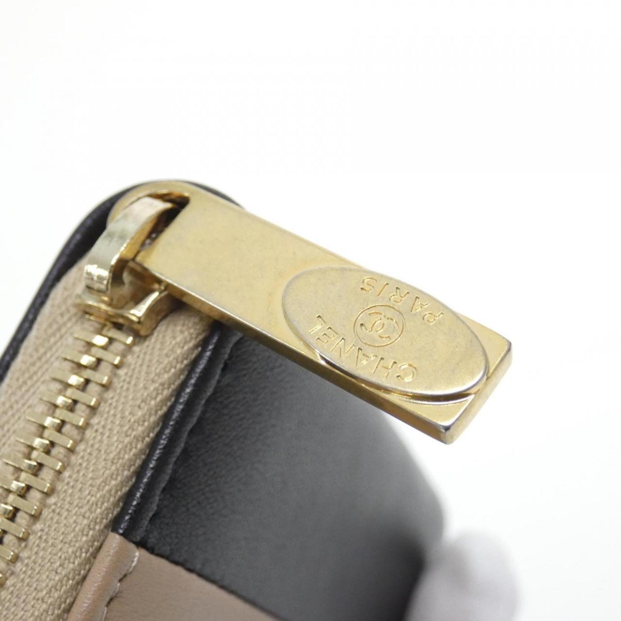 Chanel Beige Black Leather Coin Purse/Coin Case (Pre-Owned)