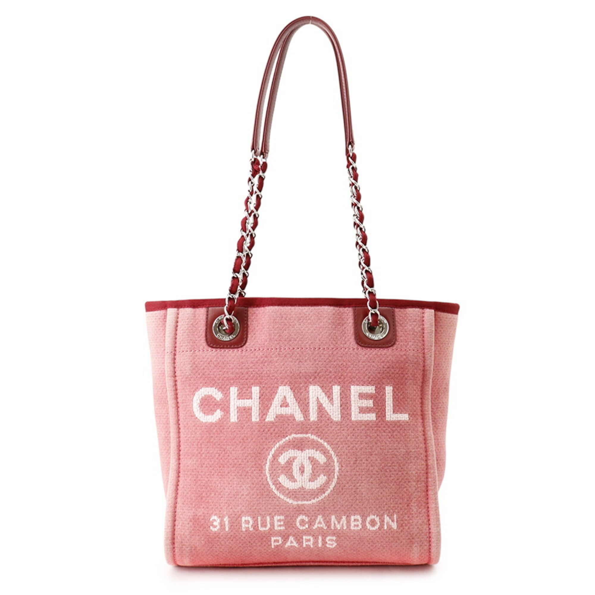 Chanel Pink Red Canvas Leather Handbag Tote Bag (Pre-Owned)