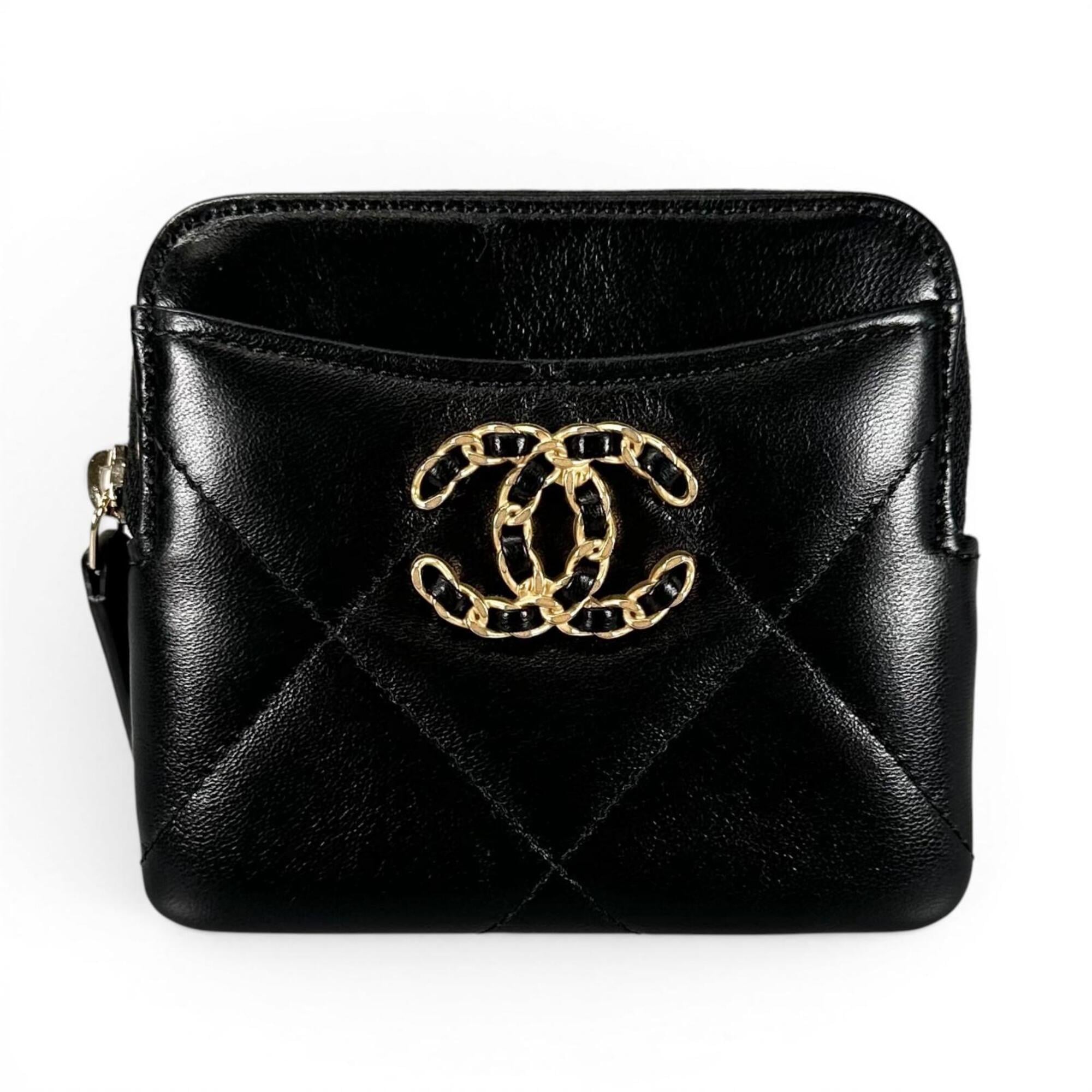 Chanel Gold Black Leather Coin Purse/Coin Case (Pre-Owned)