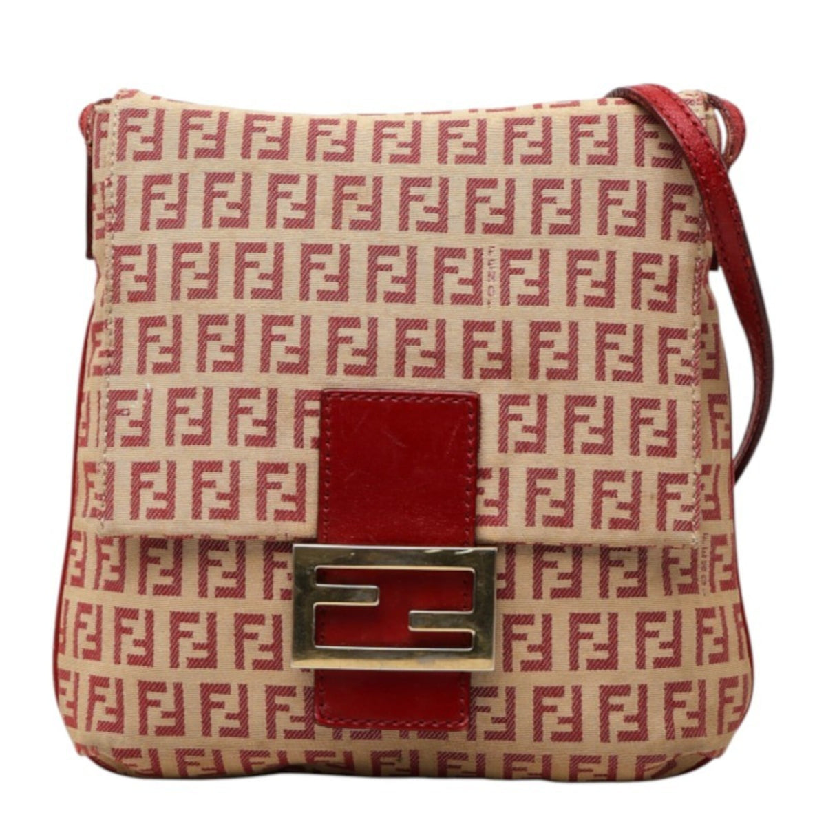 Fendi Zucchino Beige Red Color Canvas Leather Shoulder Bag (Pre-Owned)