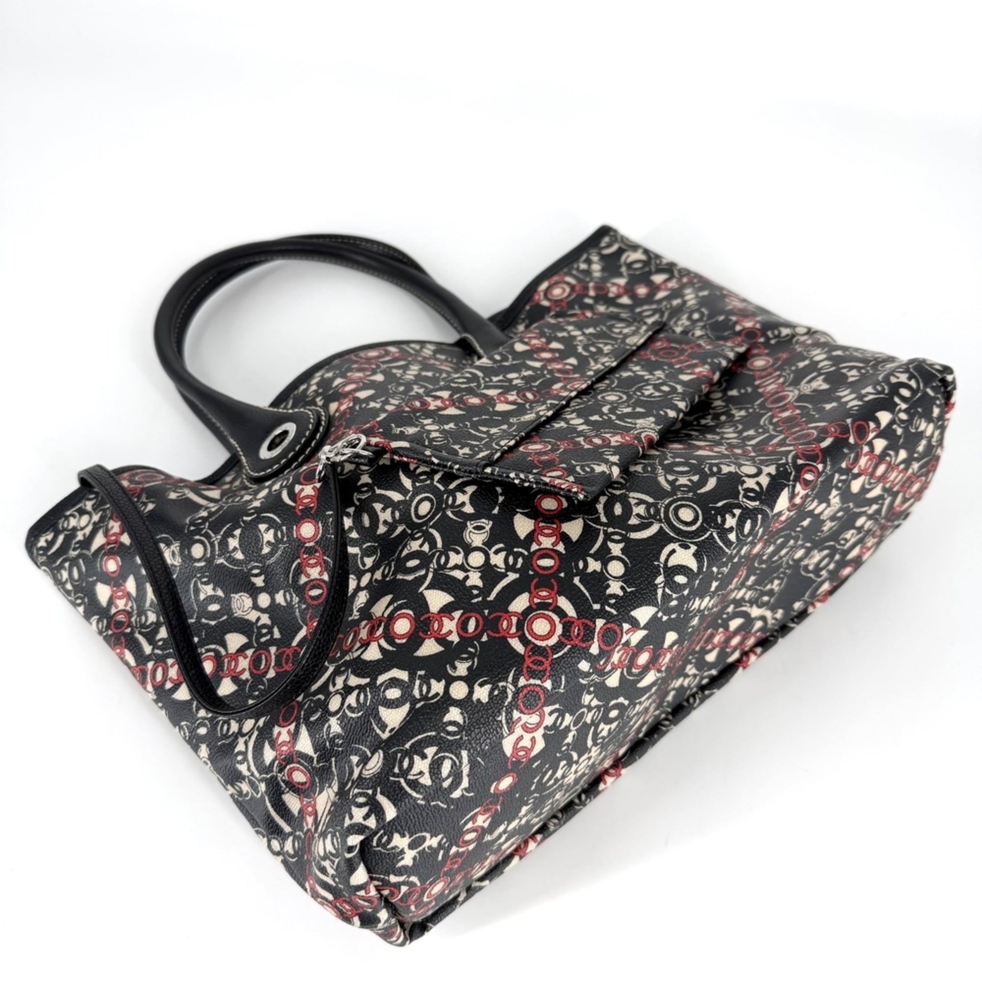 Chanel Black Red Color Coated Canvas Pvc Leather Handbag Pouch Tote Bag (Pre-Owned)