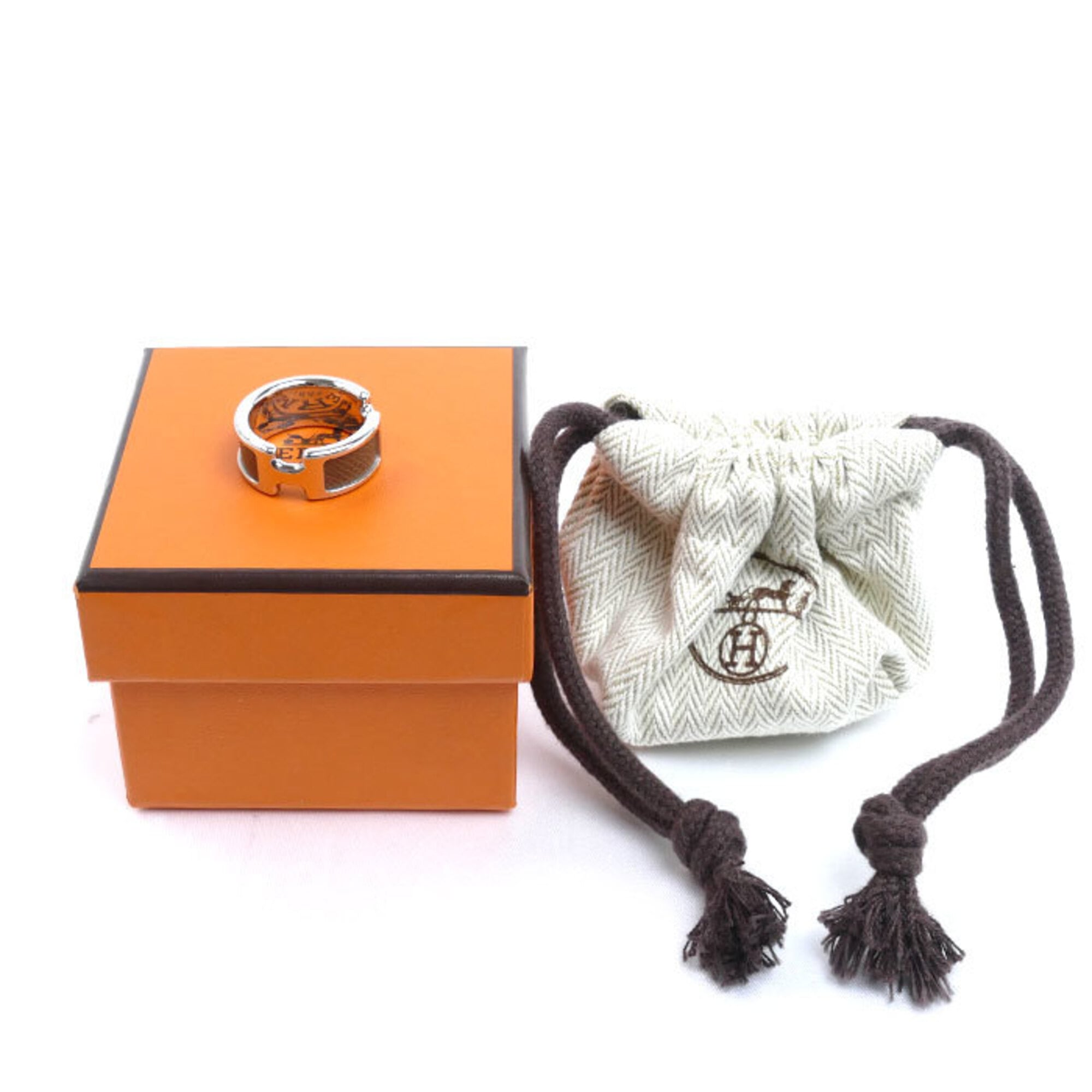Hermes Silver Etoupe Gray Gold Plating Leather Band Ring (Pre-Owned)