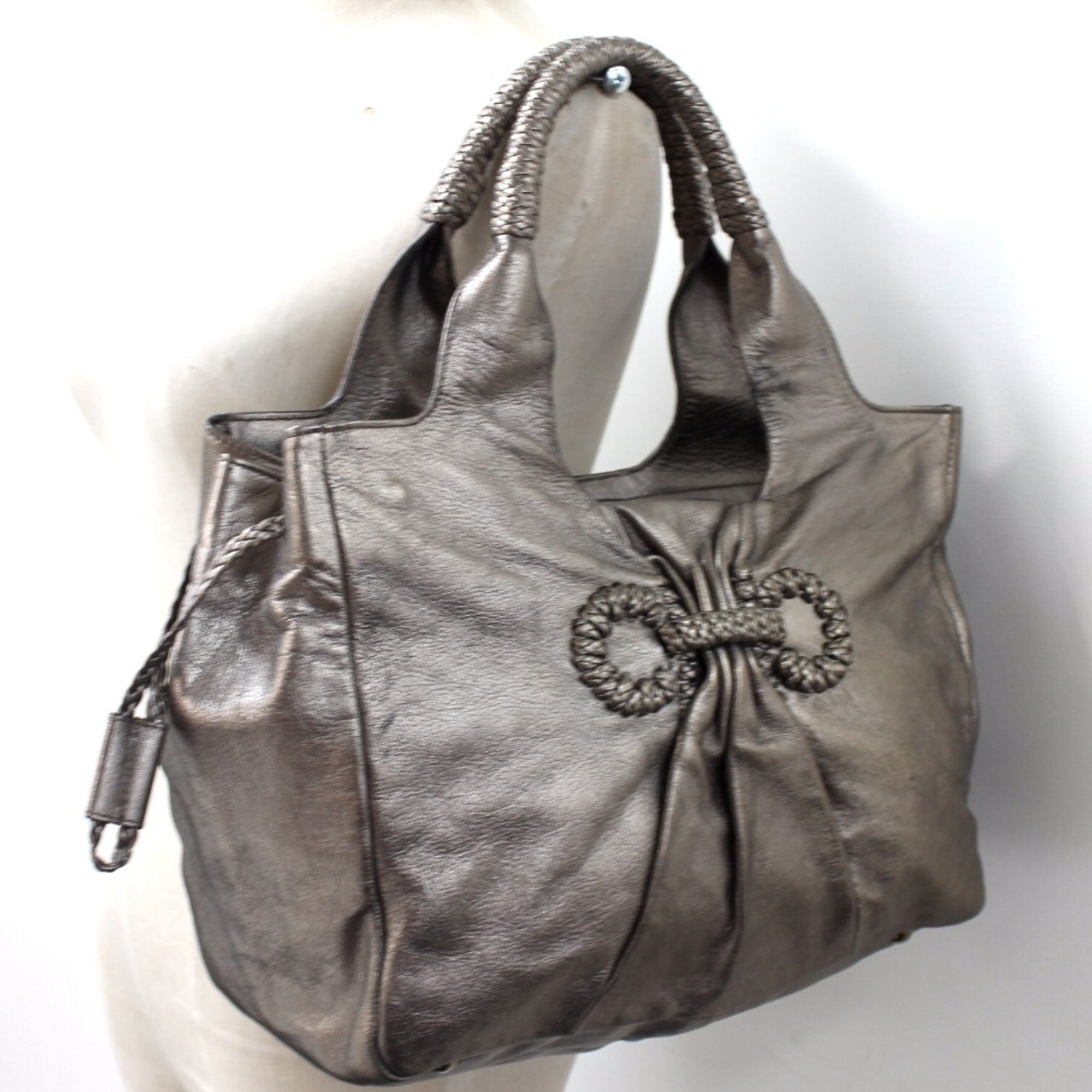 Salvatore Ferragamo Gancini Bronze Gray Leather Handbag Shoulder Bag Tote Bag (Pre-Owned)