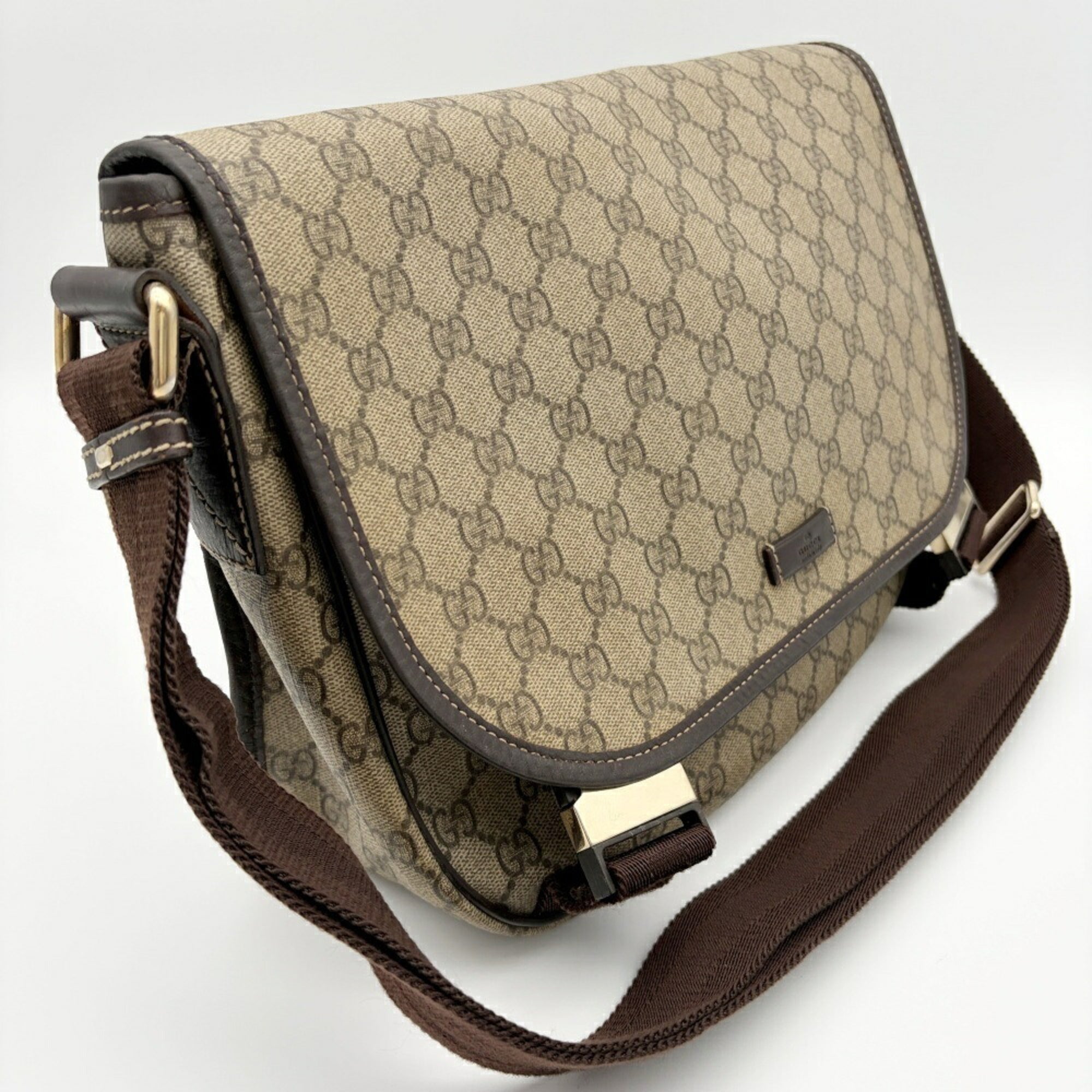 Gucci Beige Brown Gg Supreme Canvas Leather Shoulder Bag (Pre-Owned)
