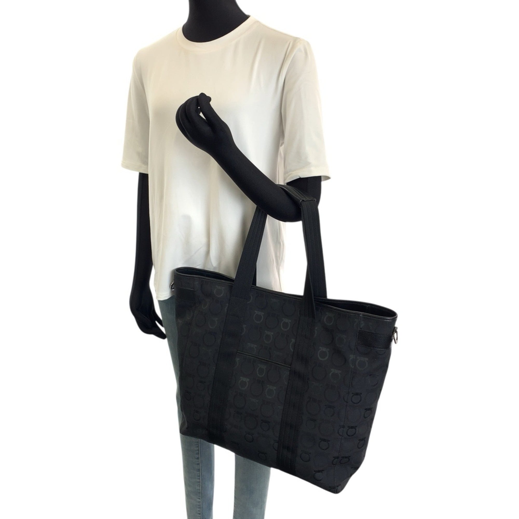 Salvatore Ferragamo Black Canvas Leather Tote Bag (Pre-Owned)
