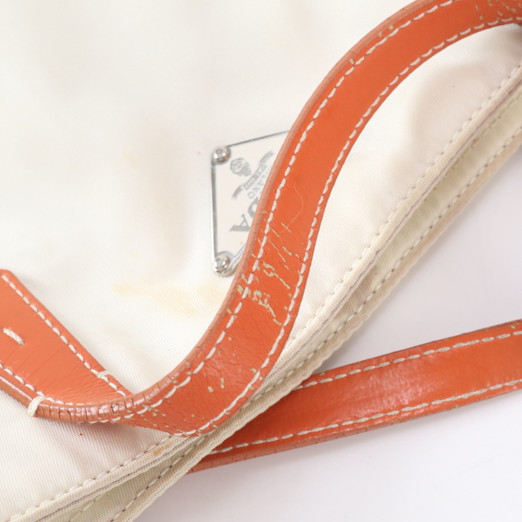 Prada Ivory Orange Nylon Leather Handbag Tote Bag (Pre-Owned)