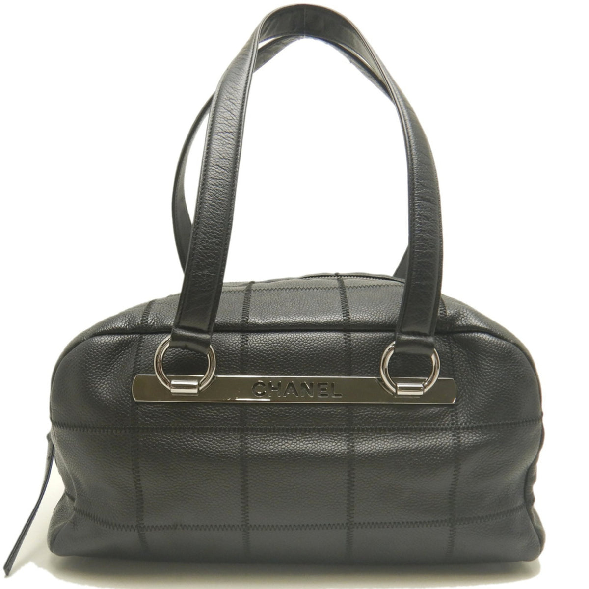 Chanel Chocolate Bar Black Grained Calfskin Boston Bag Handbag (Pre-Owned)
