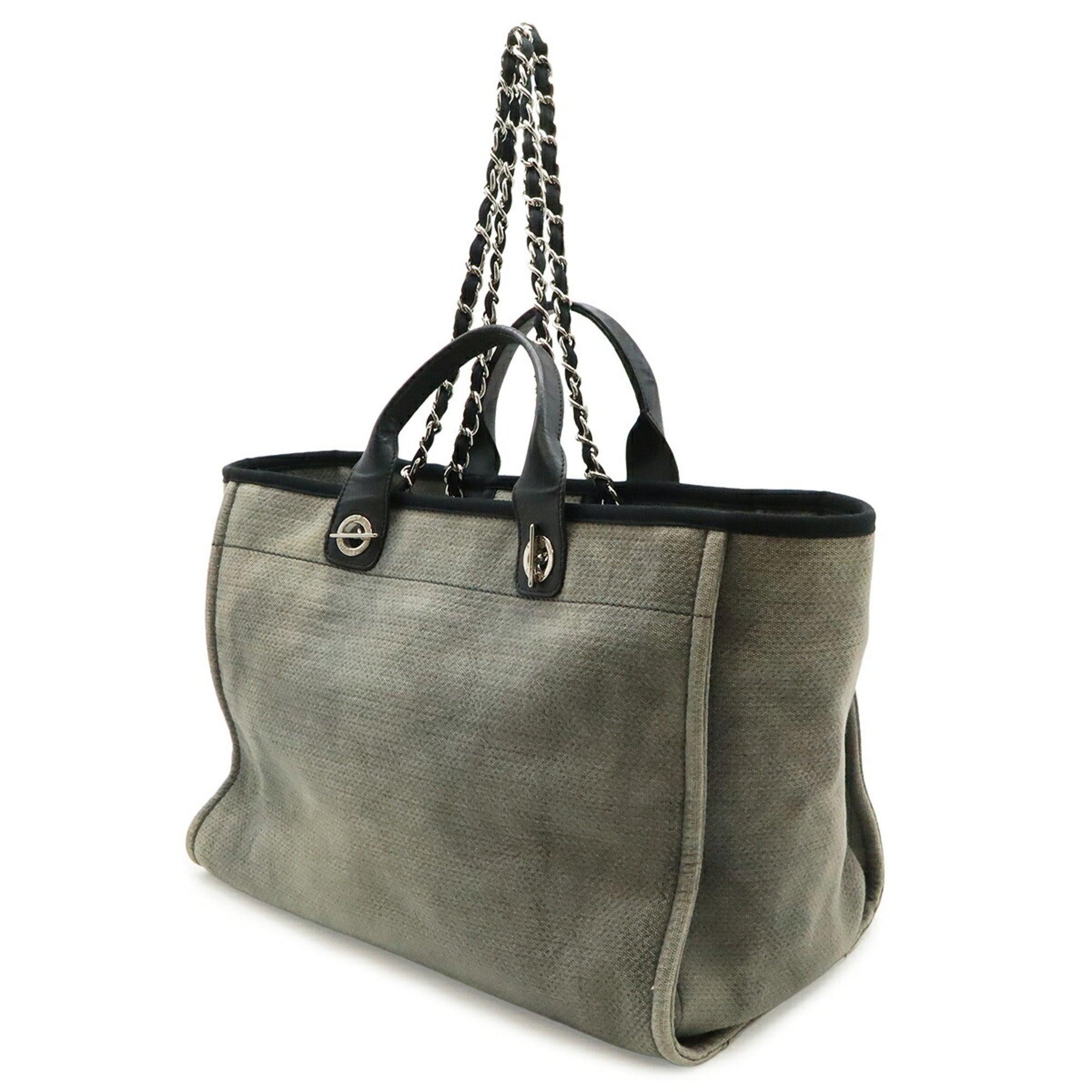 Chanel Black Gray Canvas Shoulder Bag Tote Bag (Pre-Owned)