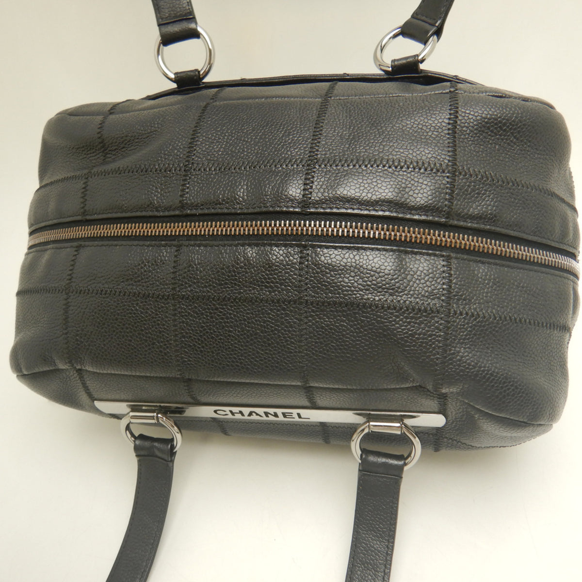 Chanel Chocolate Bar Black Grained Calfskin Boston Bag Handbag (Pre-Owned)