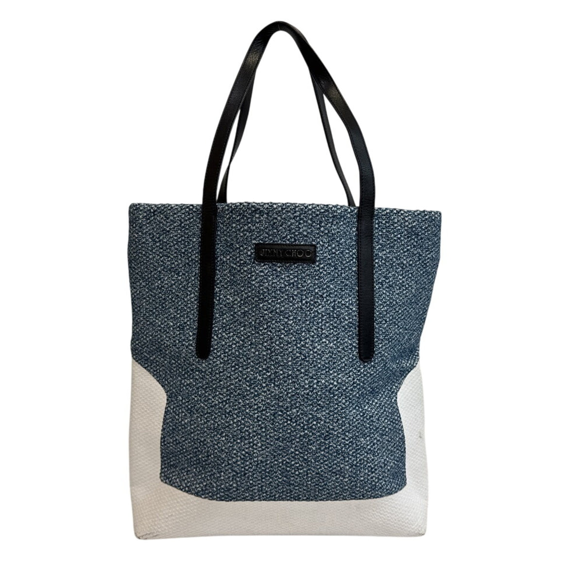 Jimmy Choo Black Blue White Cotton Denim Leather Shoulder Bag Tote Bag (Pre-Owned)