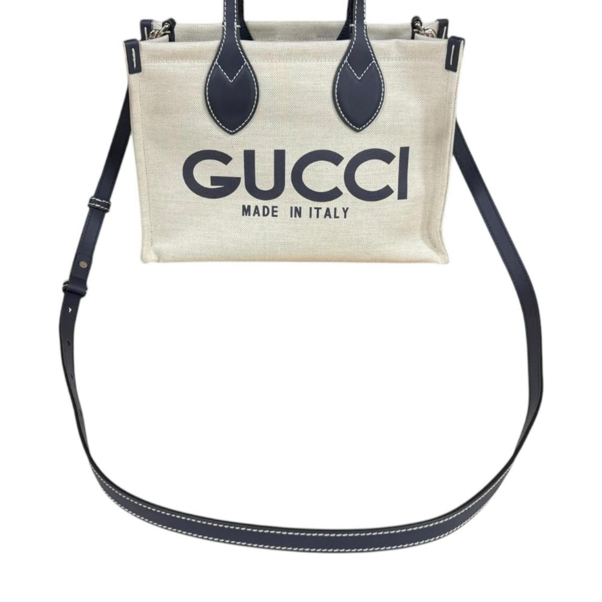 Gucci Beige Navy Canvas Leather Handbag Shoulder Bag (Pre-Owned)