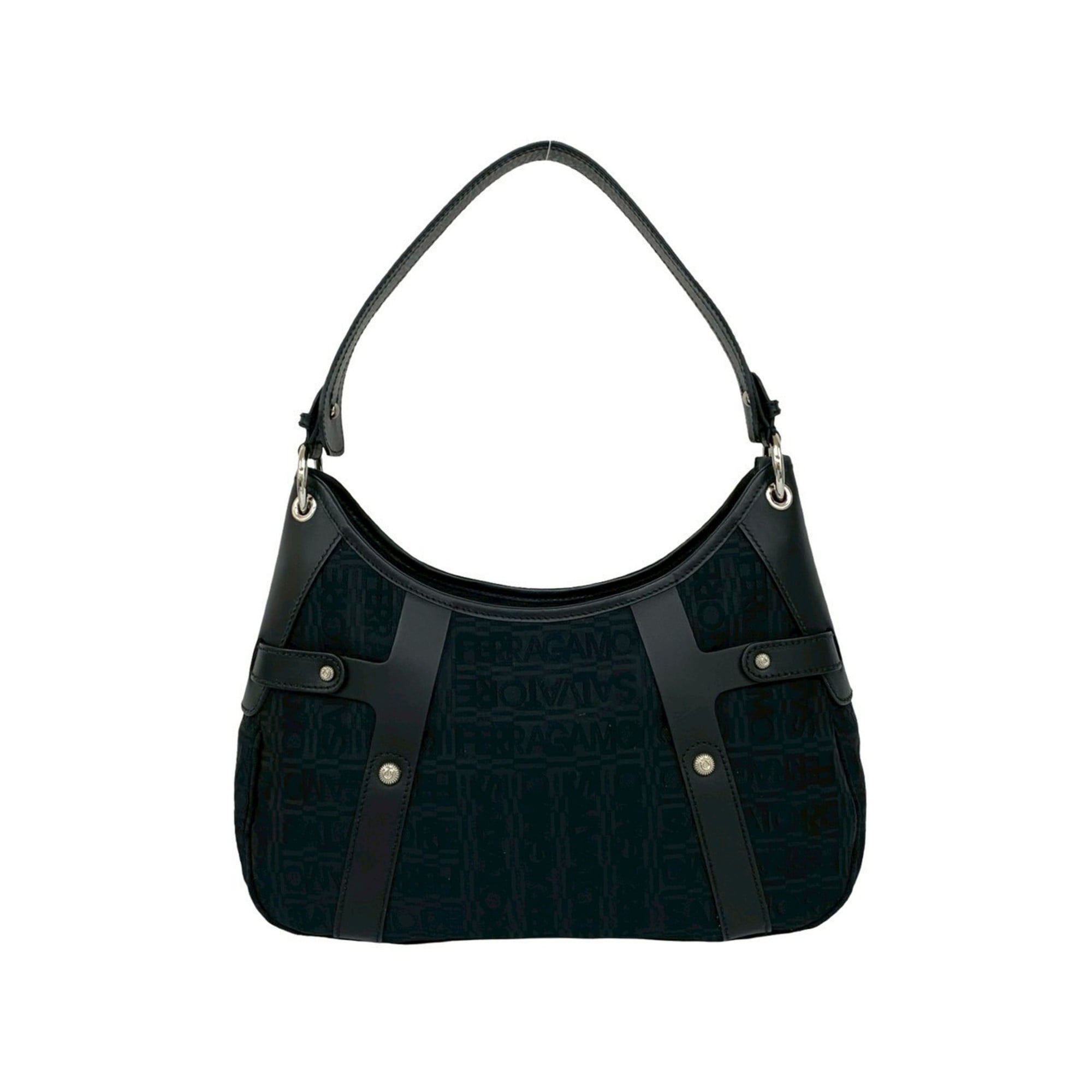 Salvatore Ferragamo Black Leather Canvas Shoulder Bag (Pre-Owned)
