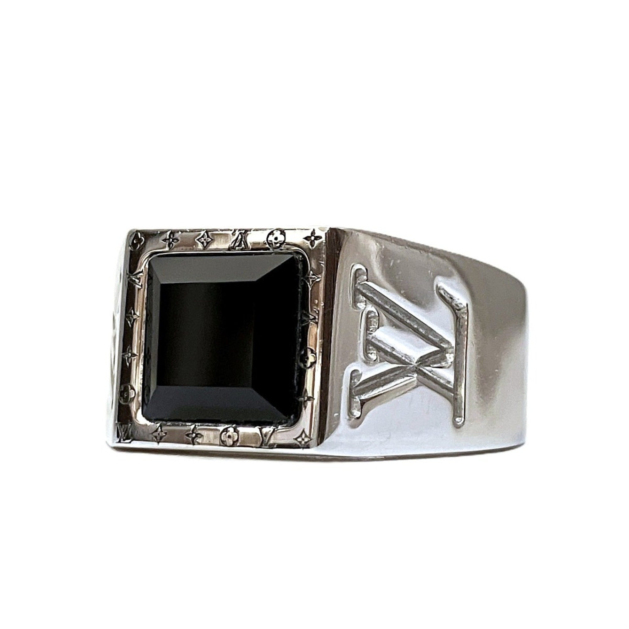 Louis Vuitton Silver Black Monogram Band Ring (Pre-Owned)