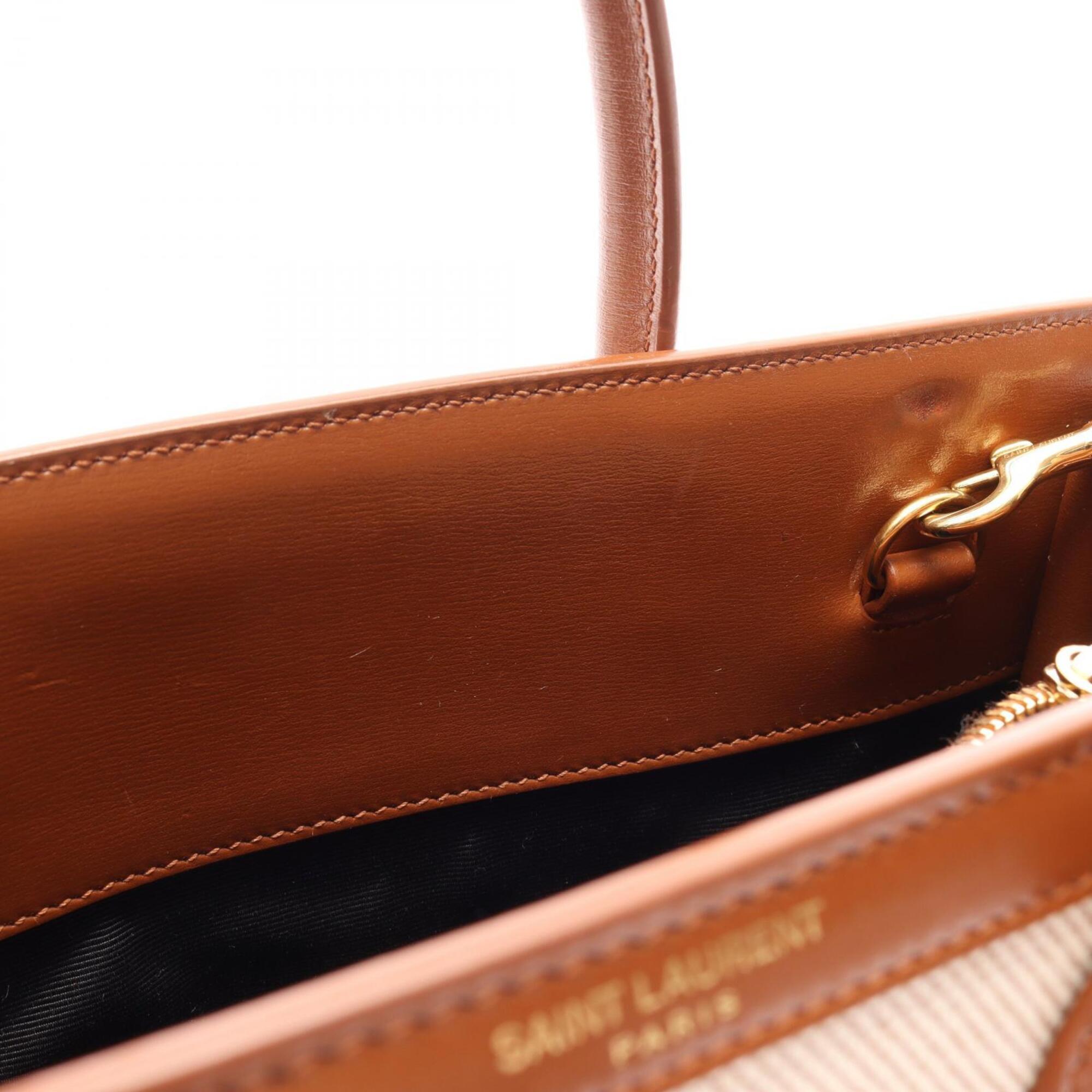 Saint Laurent Brown Ivory Canvas Leather Handbag (Pre-Owned)