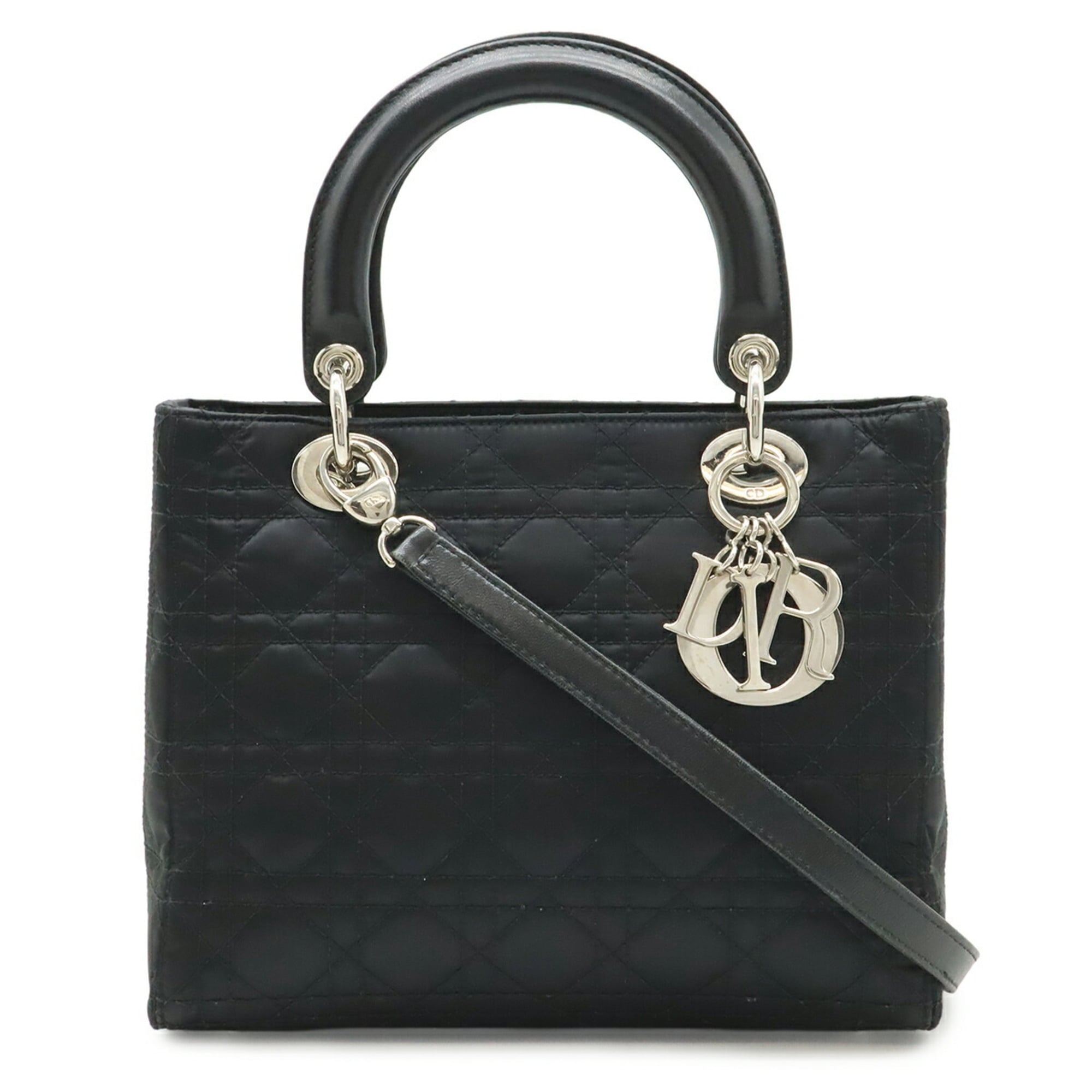 Christian Dior Lady Dior Black Satin Leather Handbag Shoulder Bag (Pre-Owned)