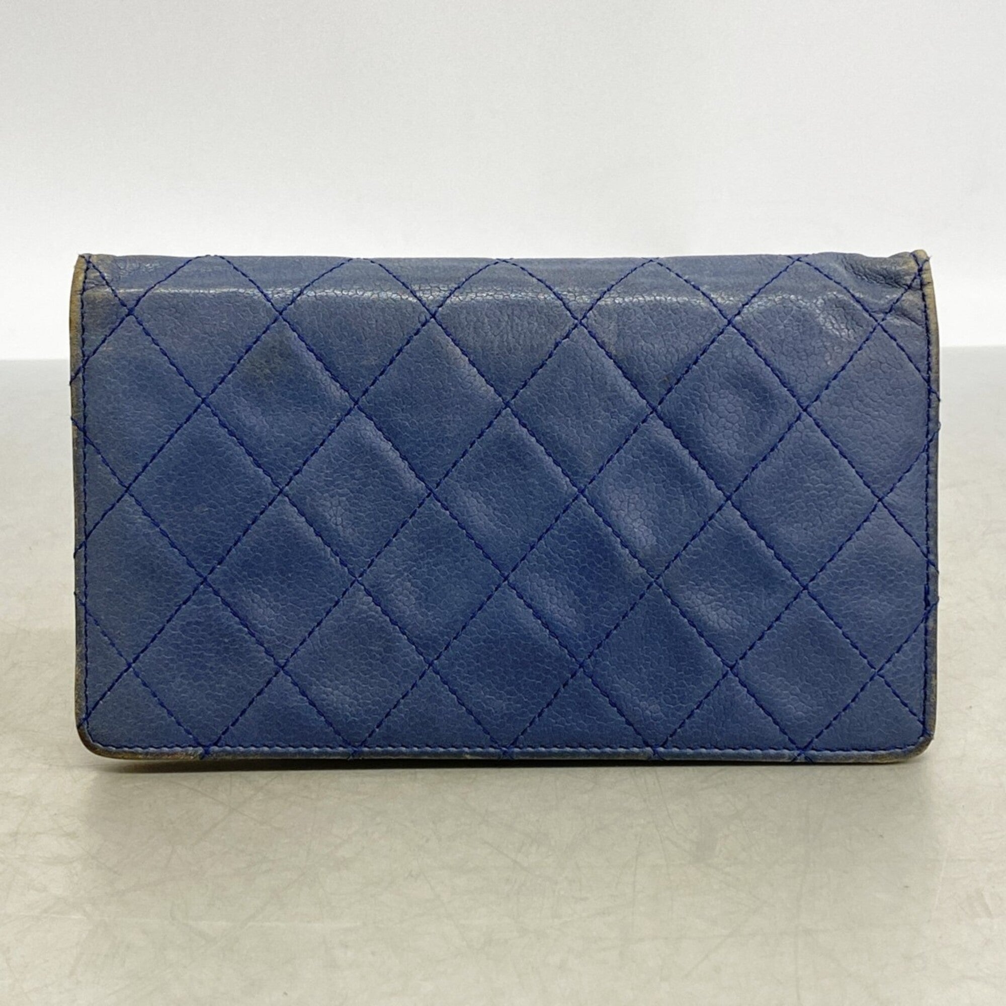 Chanel Blue Grained Calfskin Long Wallet (Bi-Fold) (Pre-Owned)
