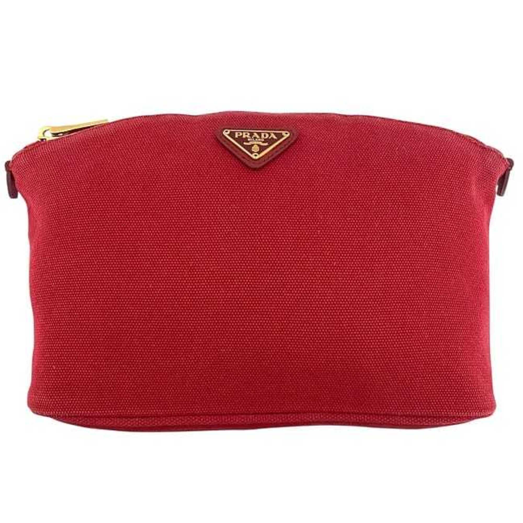 Prada Red Color Canvas Leather Pouch (Pre-Owned)